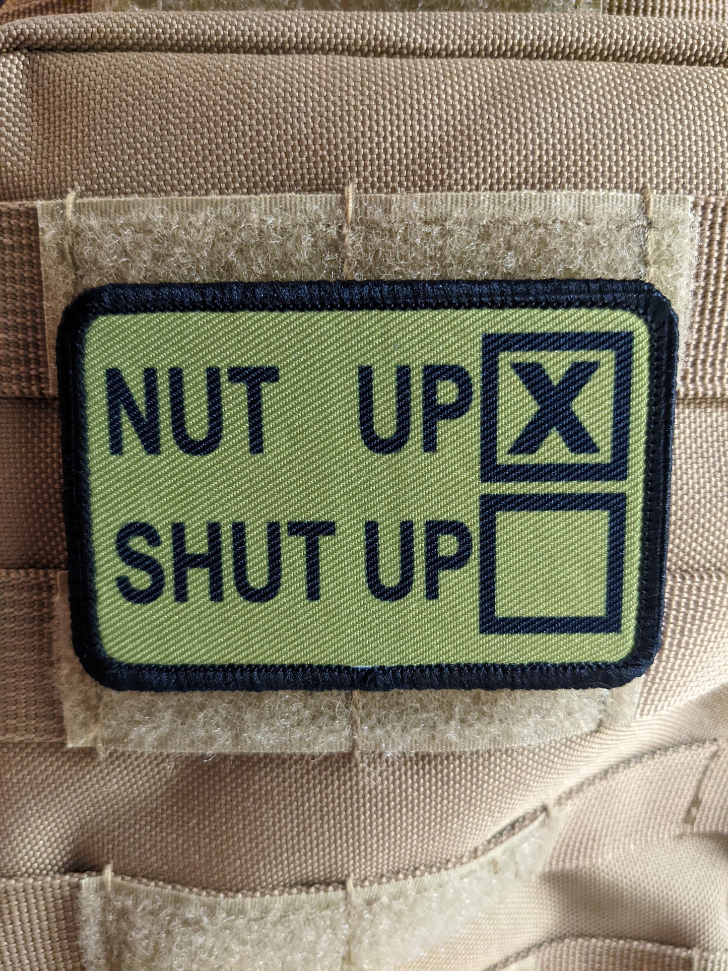 Nut up or shut up check the box funny  2"x3" morale patch with hook and loop backing military joke meme