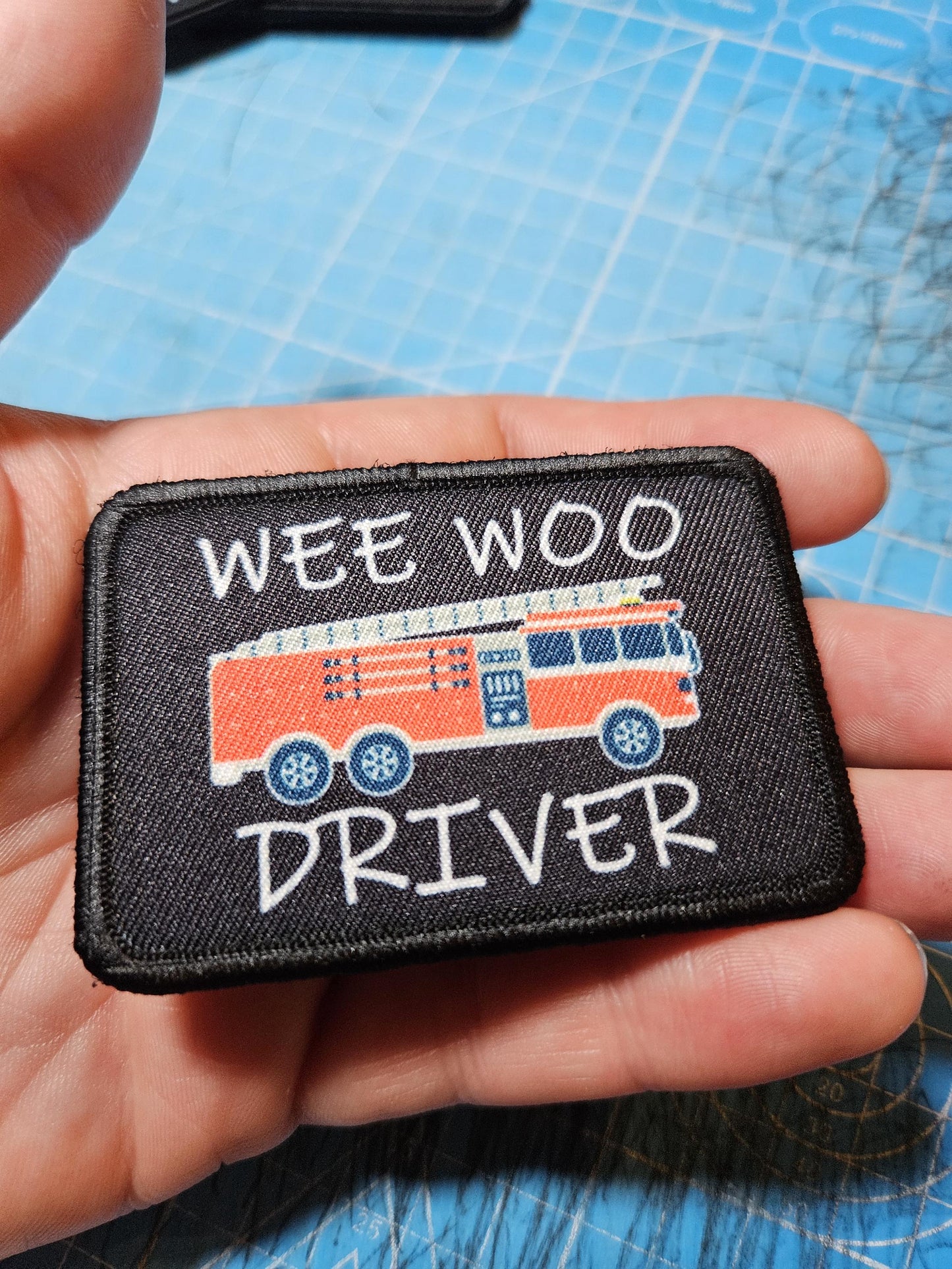 Wee woo driver fire engine firefighter EMT driver funny 2"x3" removable morale patch with hook and loop backing