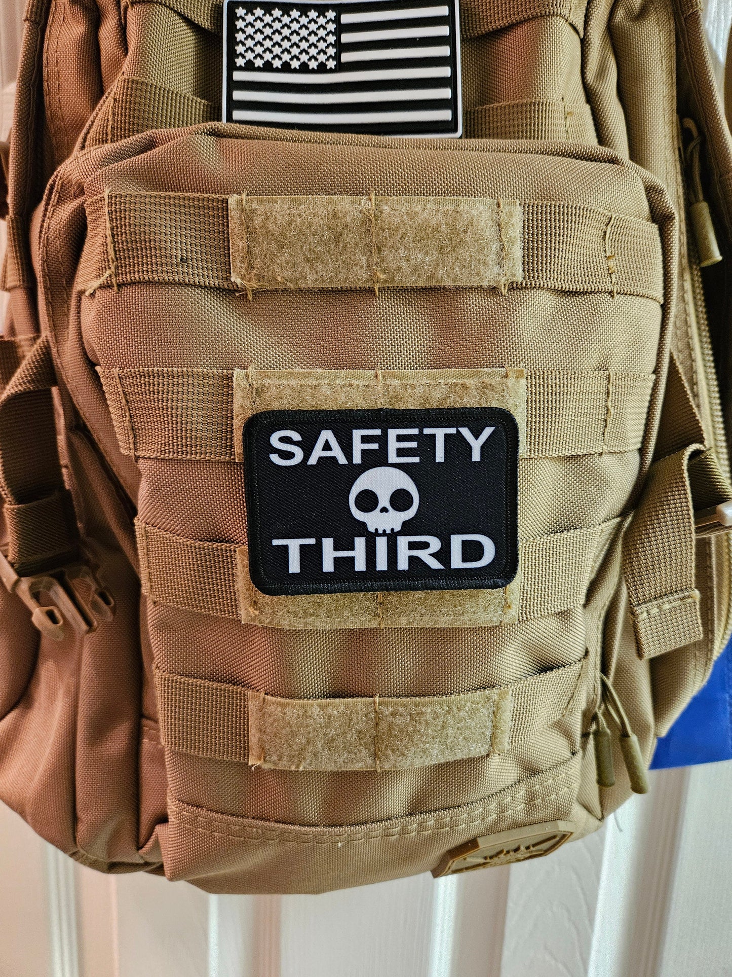 Safety third meme 2"x3" removable morale patch with hook and loop backing blue collar