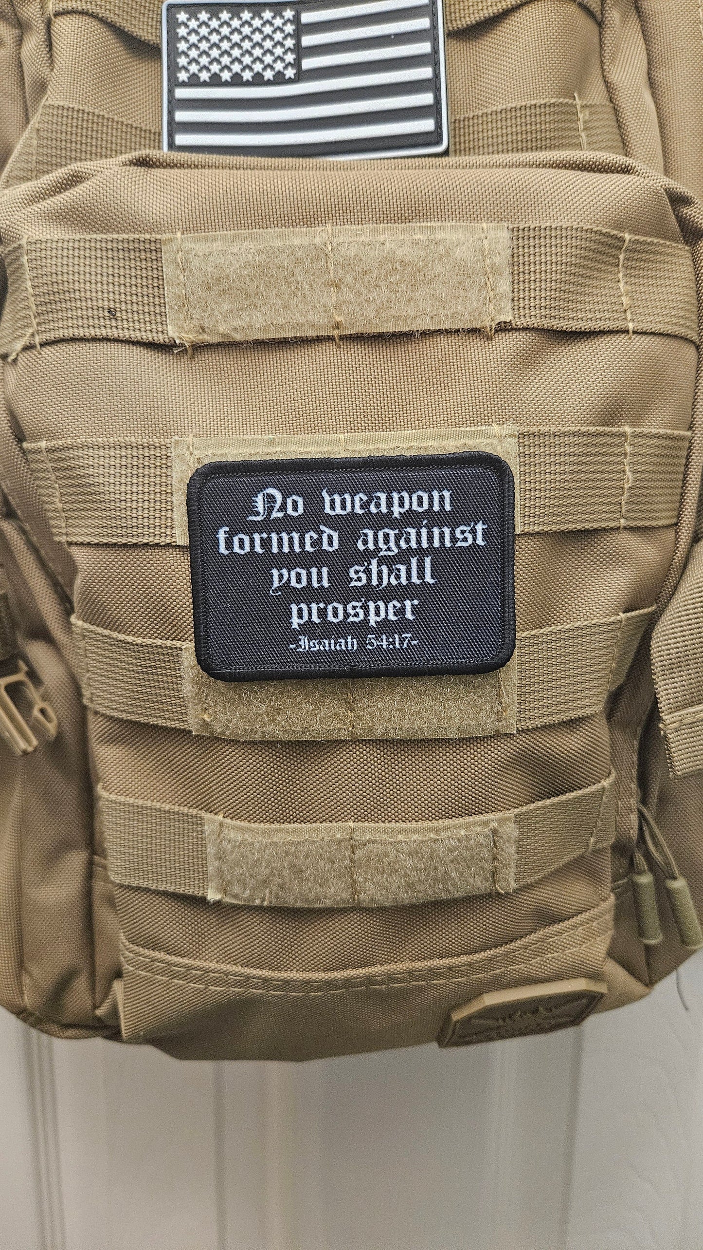 Isaiah 54:17 no weapon formed against me bible verse  2"x3" morale patch with hook and loop backing