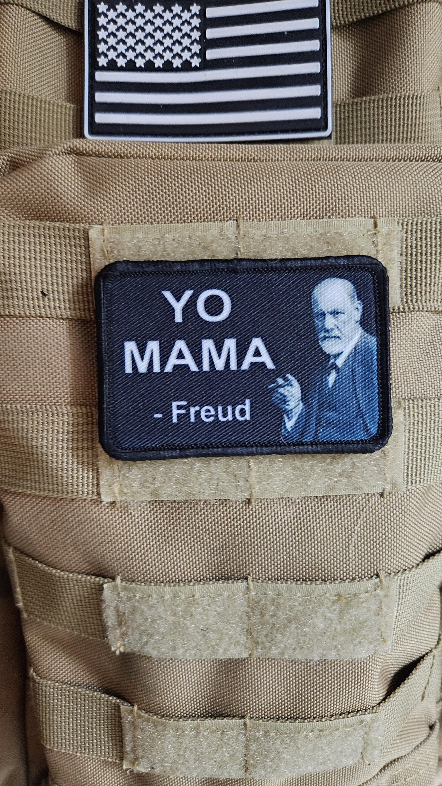 Freud you mama meme 2"x3" removable morale patch with hook and loop backing black and white