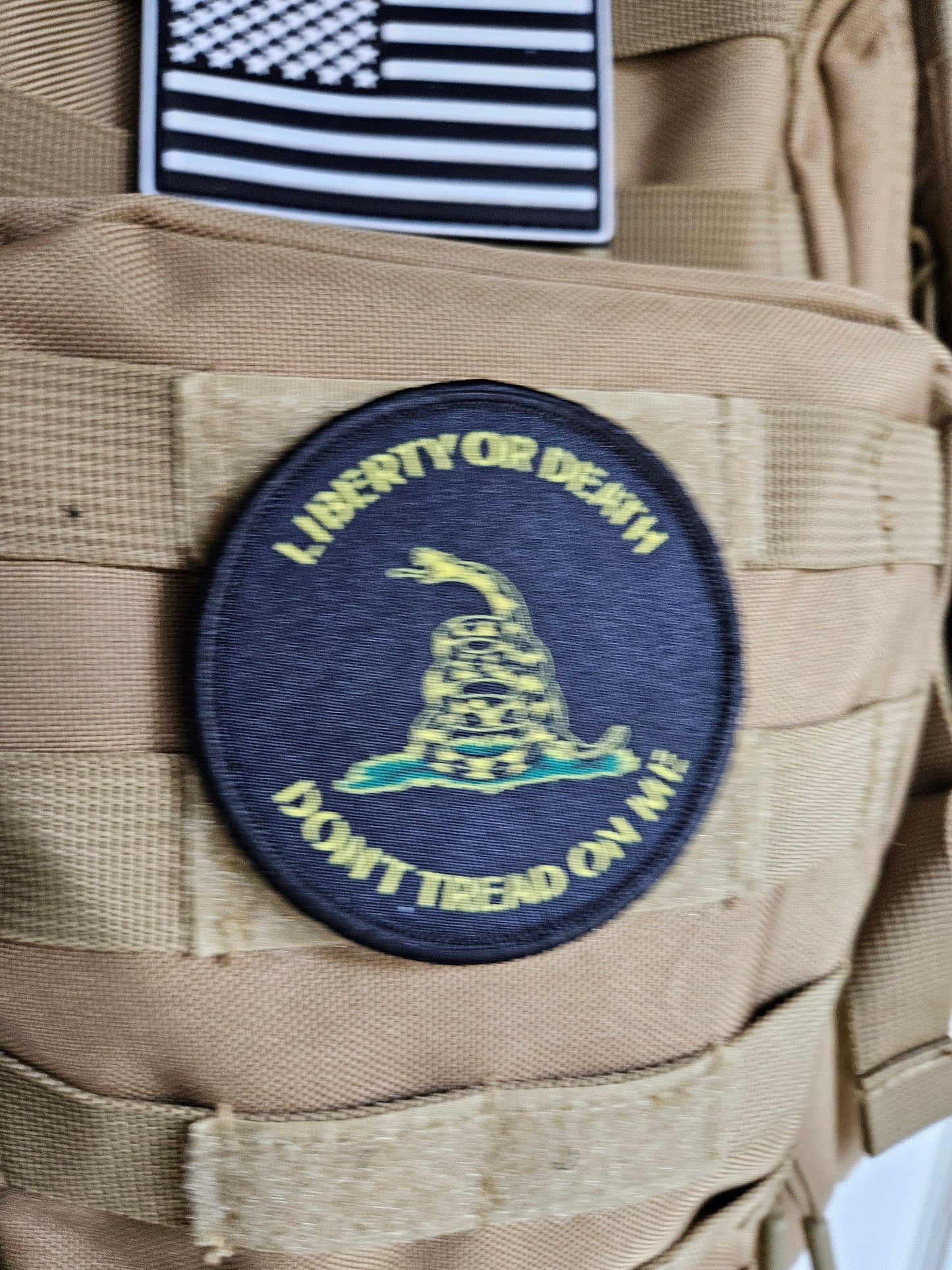 Don't tread on me Gadsden flag black 3" circle removable morale patch with hook and loop backing