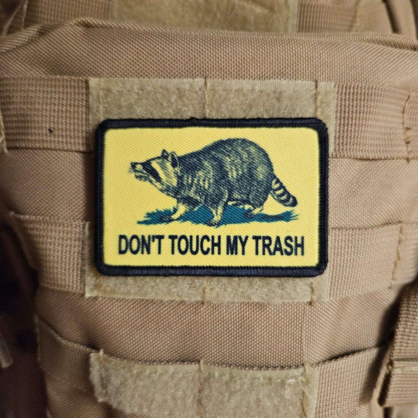 Don't touch my trash raccoon Gadsden flag meme 2"x3" removable morale patch with hook and loop backing