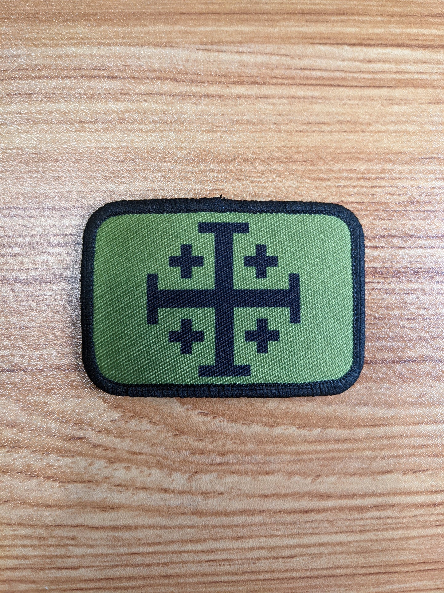 Jerusalem Cross  olive background green  2"x3" removable morale patch with hook and loop backing