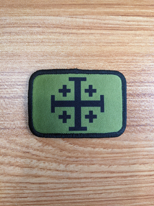 Jerusalem Cross  olive background green  2"x3" removable morale patch with hook and loop backing