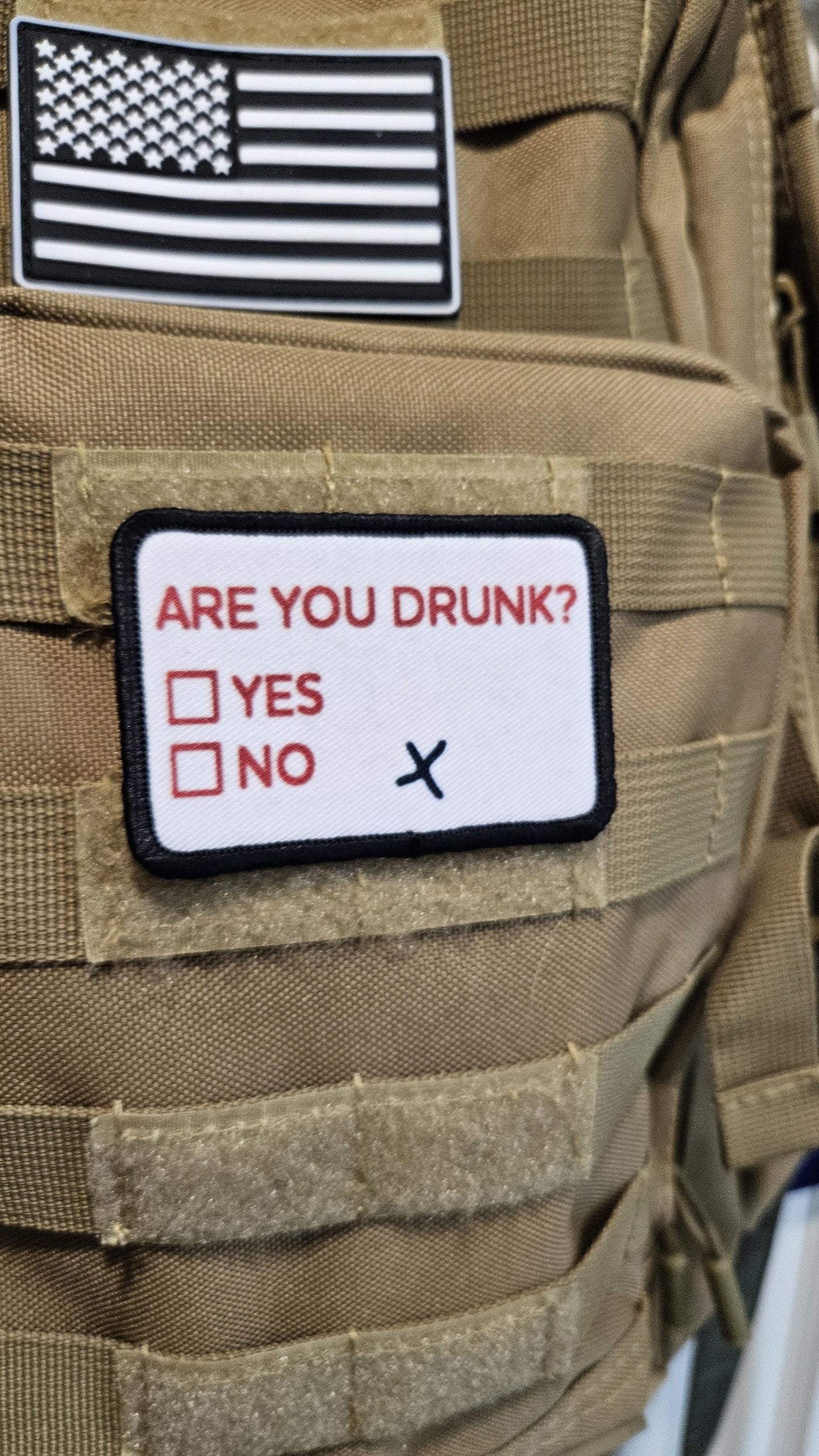 Are you drunk check? Yes or no meme  2"x3" removable morale patch with hook and loop backing