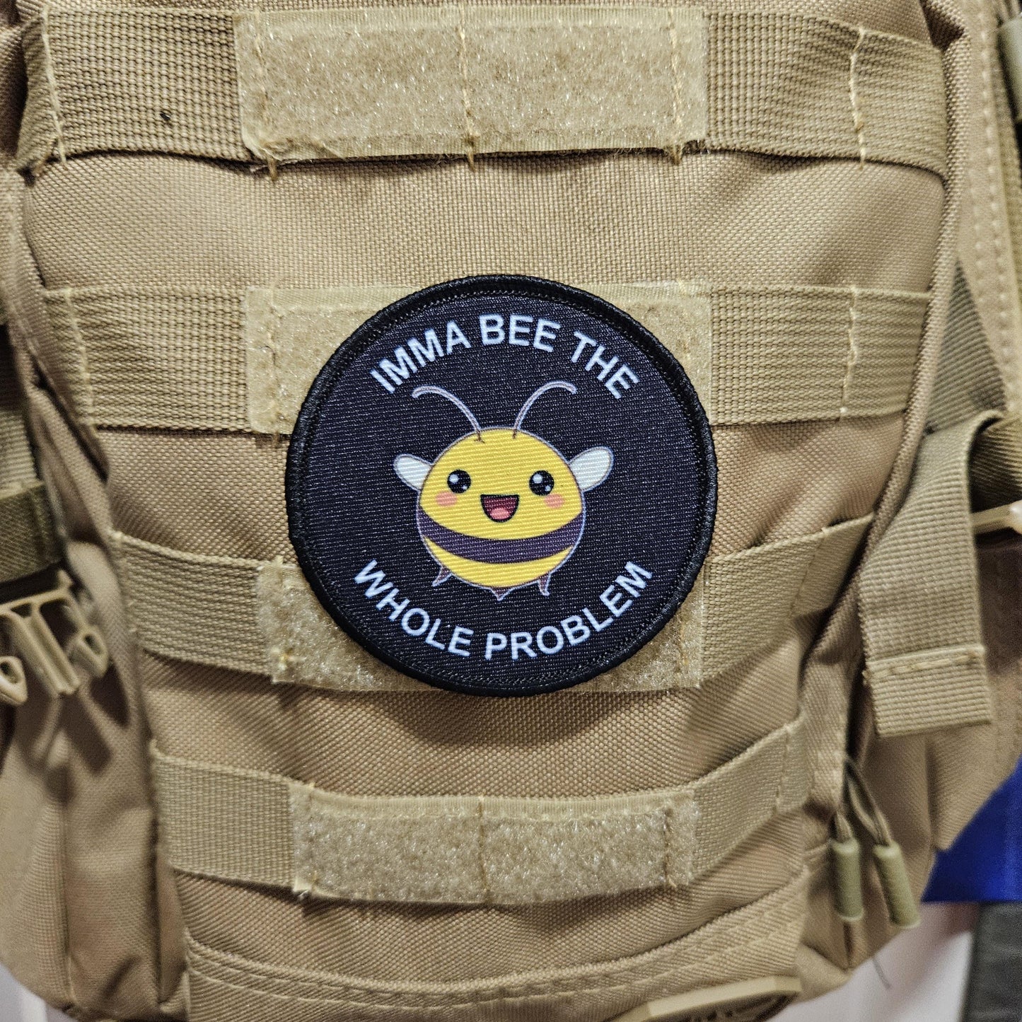 Imma bee the whole problem cute bee meme 3" circle removable morale patch with hook and loop backing