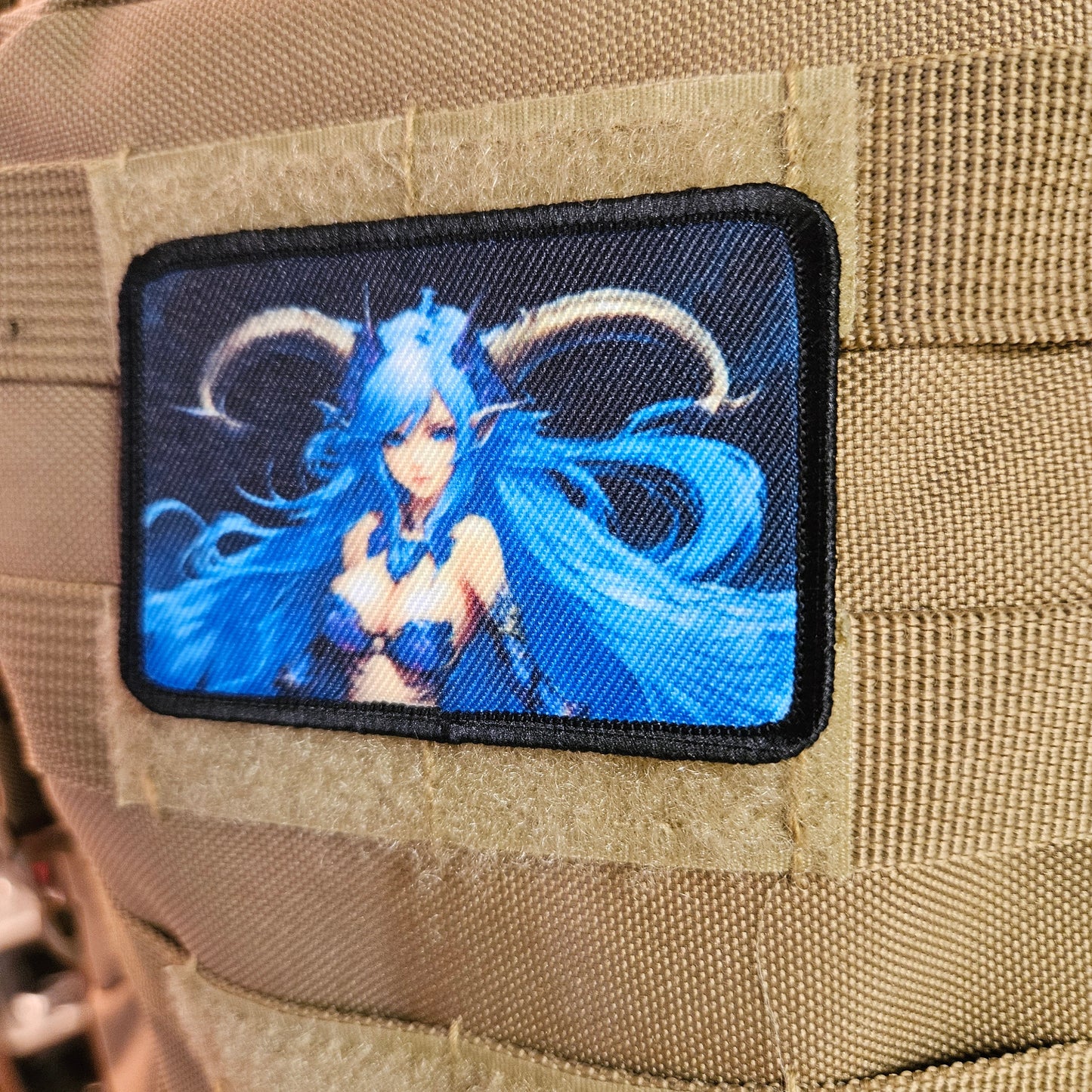 Blue haired succubus waifu Sexy Anime girl cleavage bikini 2"x3"  removable morale patch with hook and loop backing