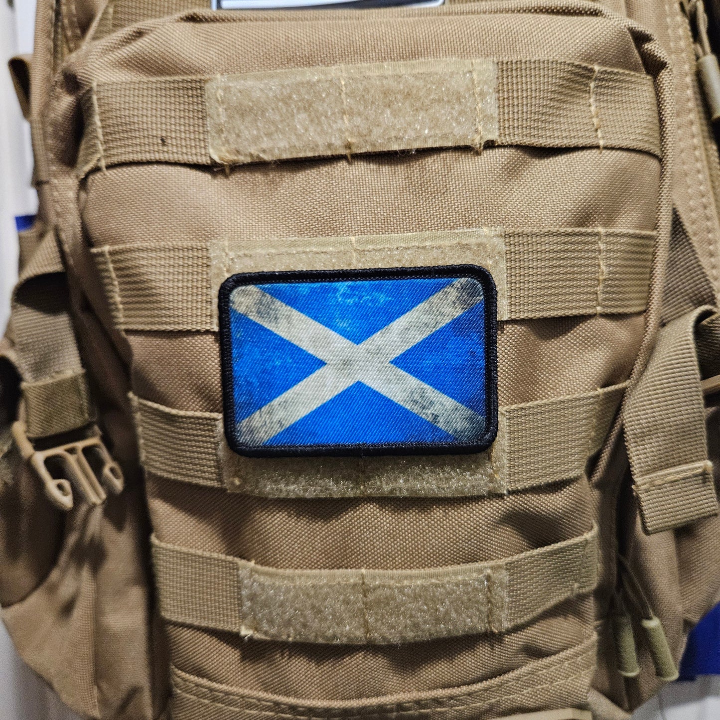 distressed Scottish flag 2"x3" morale patch with hook and loop backing