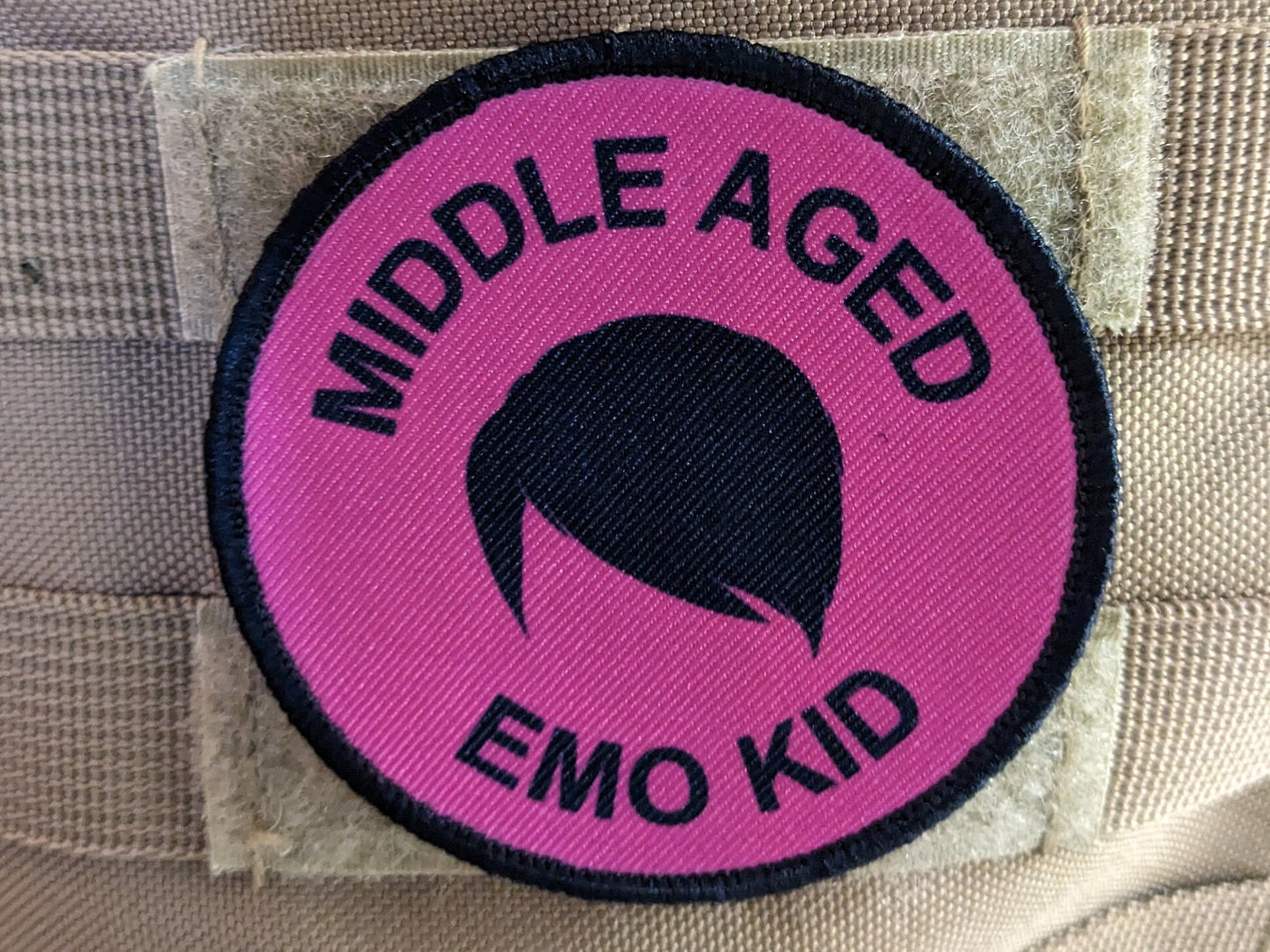 Middle aged emo kid boy version meme 3" circle morale patch with hook and loop backing