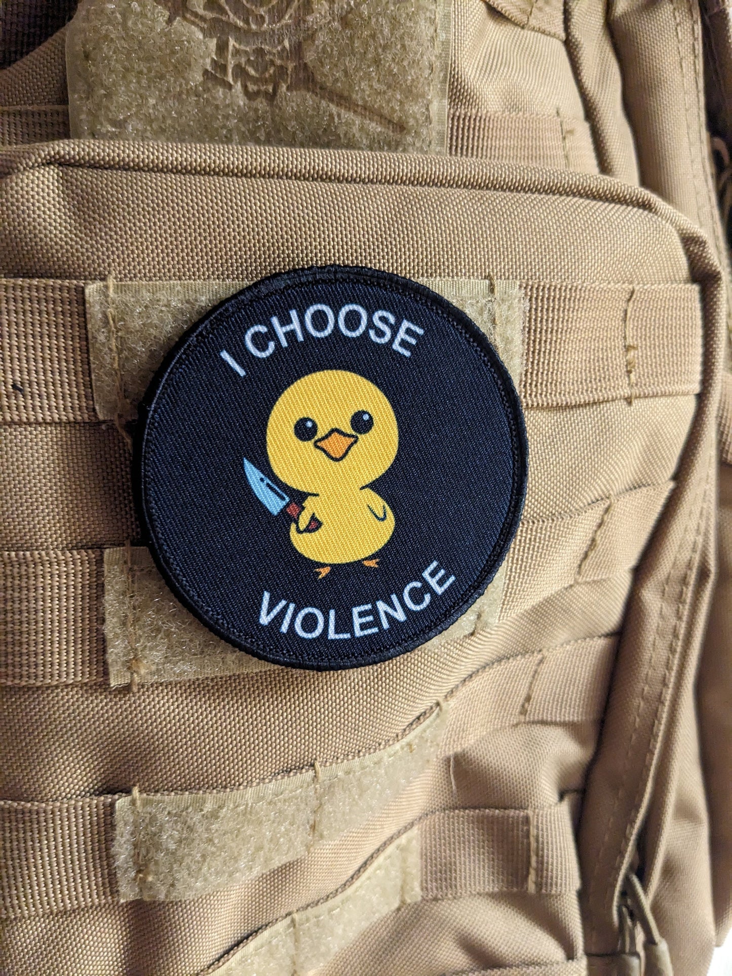 Cute duckling I choose violence meme 3" circle removable morale patch with hook and loop backing