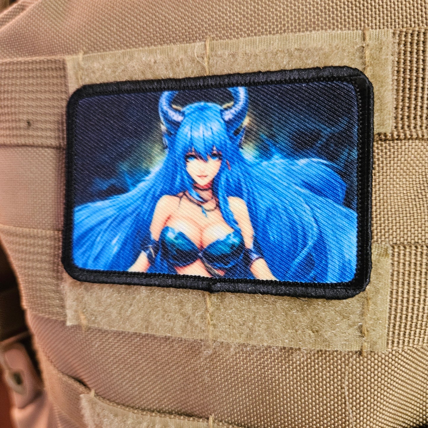 Blue haired succubus waifu 2 Sexy Anime girl cleavage bikini 2"x3"  removable morale patch with hook and loop backing