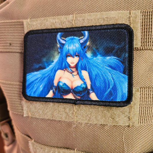 Blue haired succubus waifu 2 Sexy Anime girl cleavage bikini 2"x3"  removable morale patch with hook and loop backing
