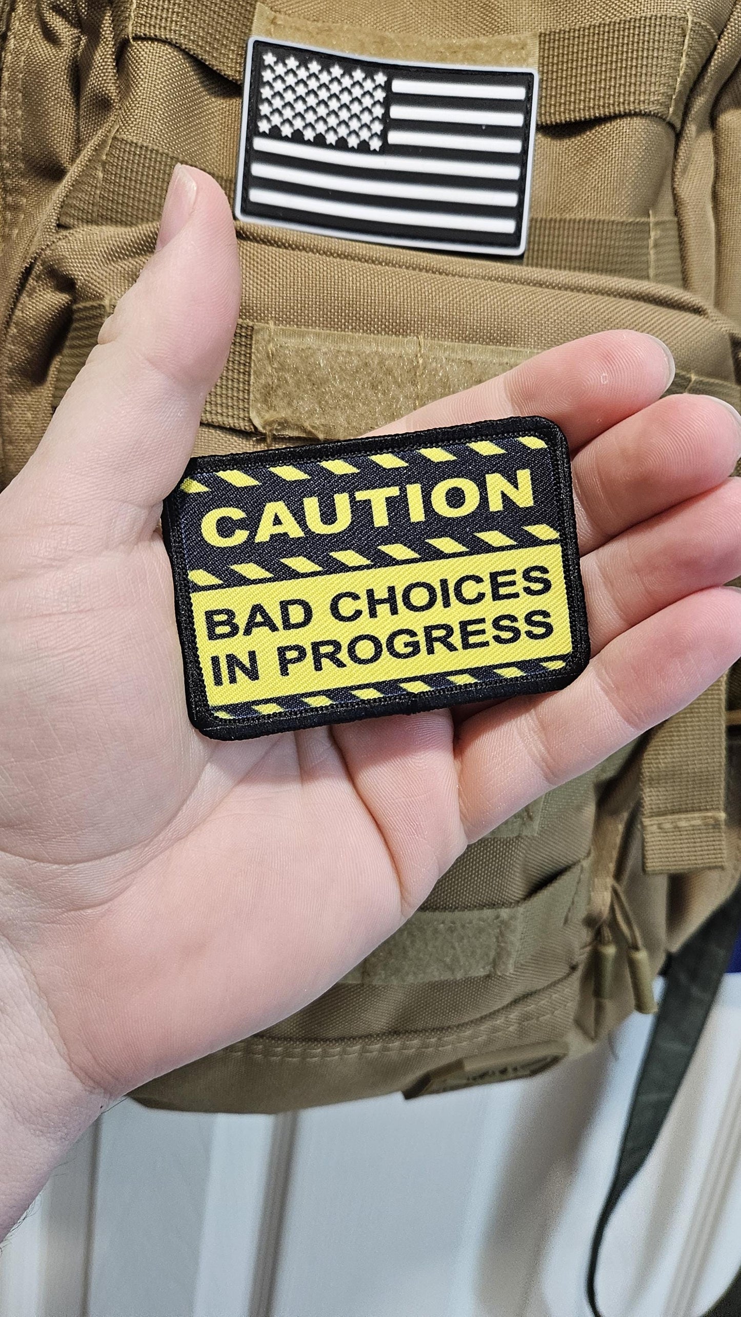 Caution bad choices in progress meme  2"x3" removable morale patch with hook and loop backing