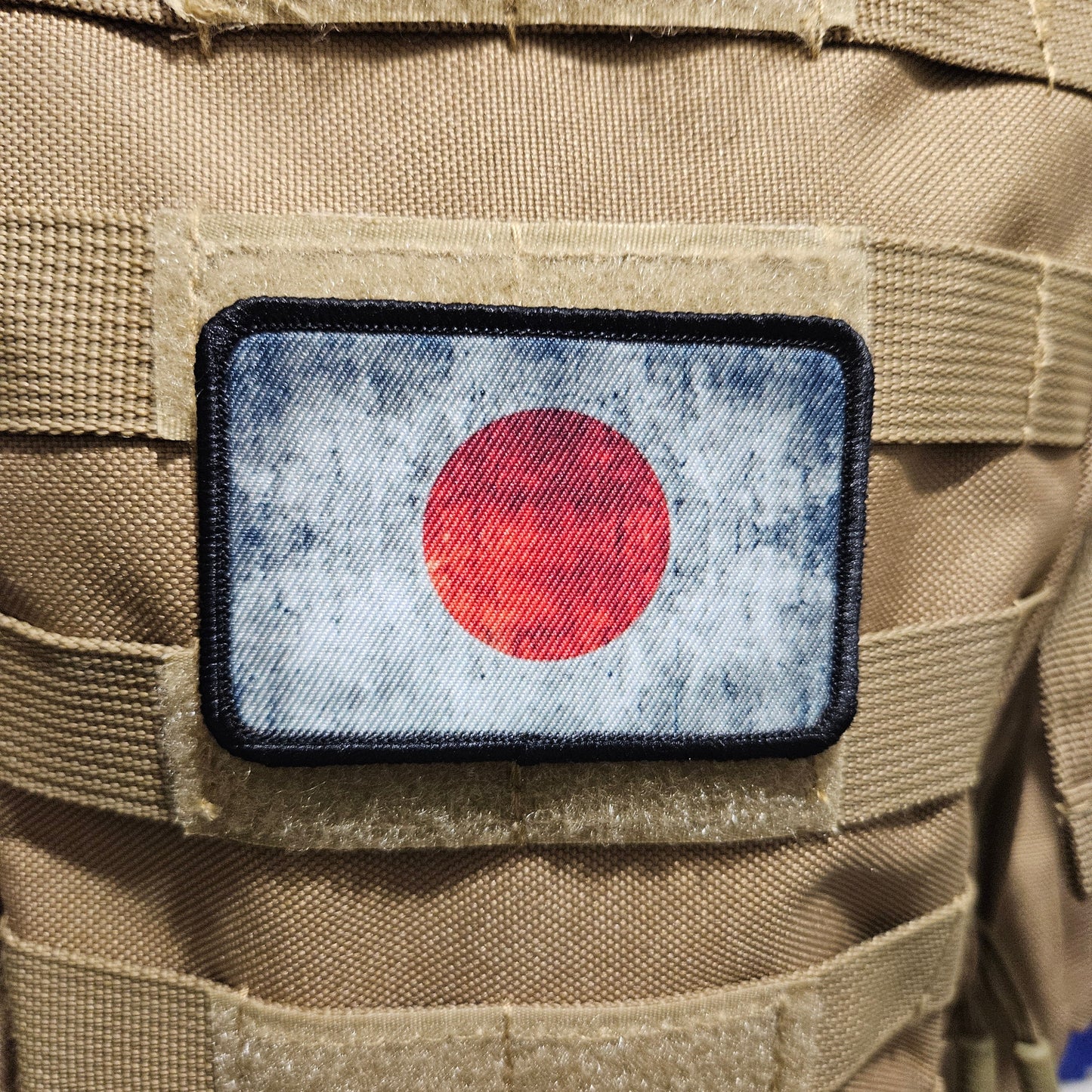 Distressed Japanese flag 2"x3" morale patch with hook and loop backing