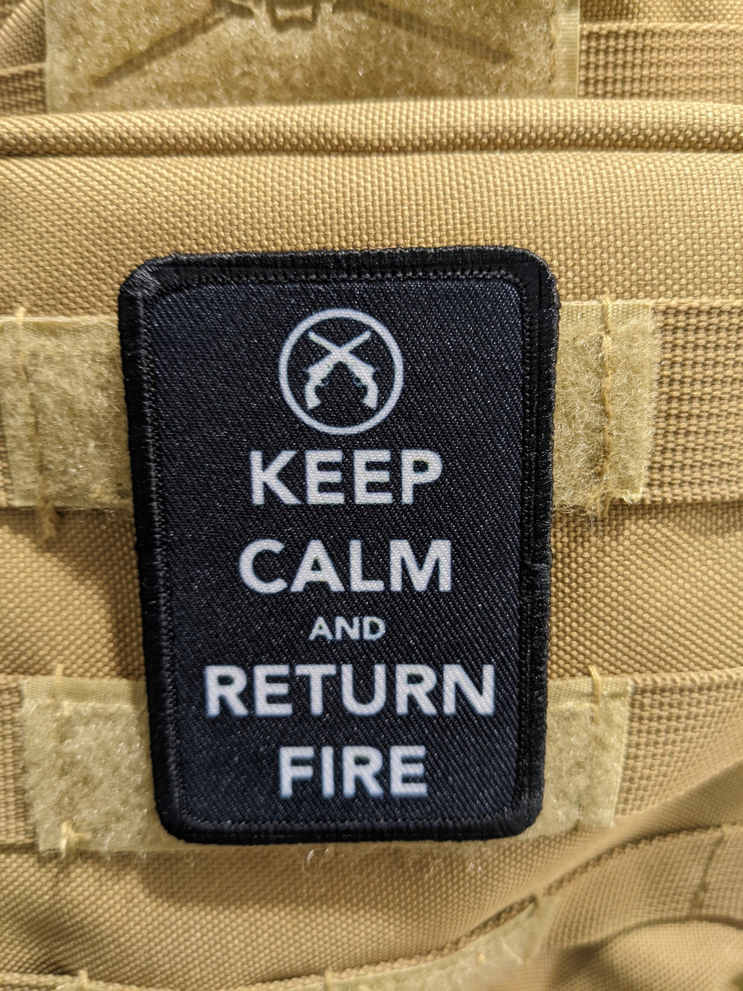 Keep calm and return fire 2nd amendment meme 2"x3" morale patch with hook and loop backing