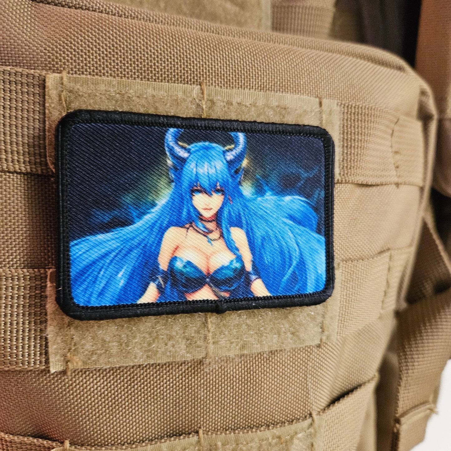 Blue haired succubus waifu 2 Sexy Anime girl cleavage bikini 2"x3"  removable morale patch with hook and loop backing