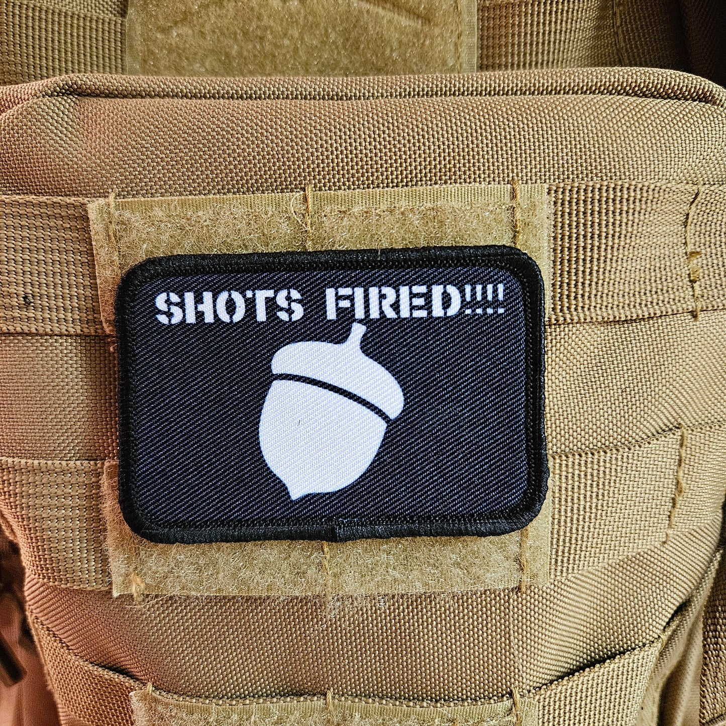 shots fired acorn meme 2"x3"  removable morale patch with hook and loop backing