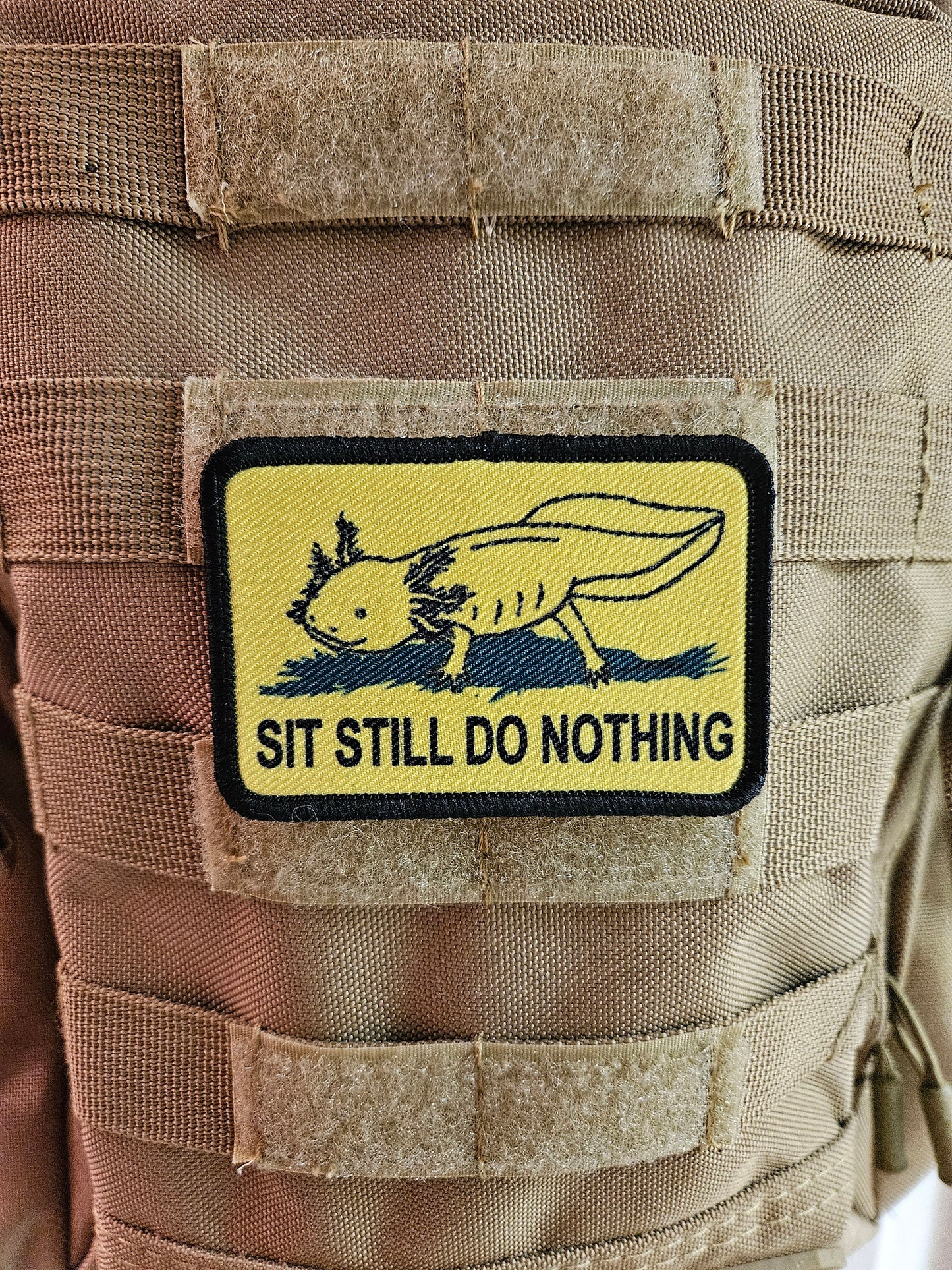 Gadsden flag parody axolotl  sit still do nothing 2"x3" morale patch with hook and loop backing