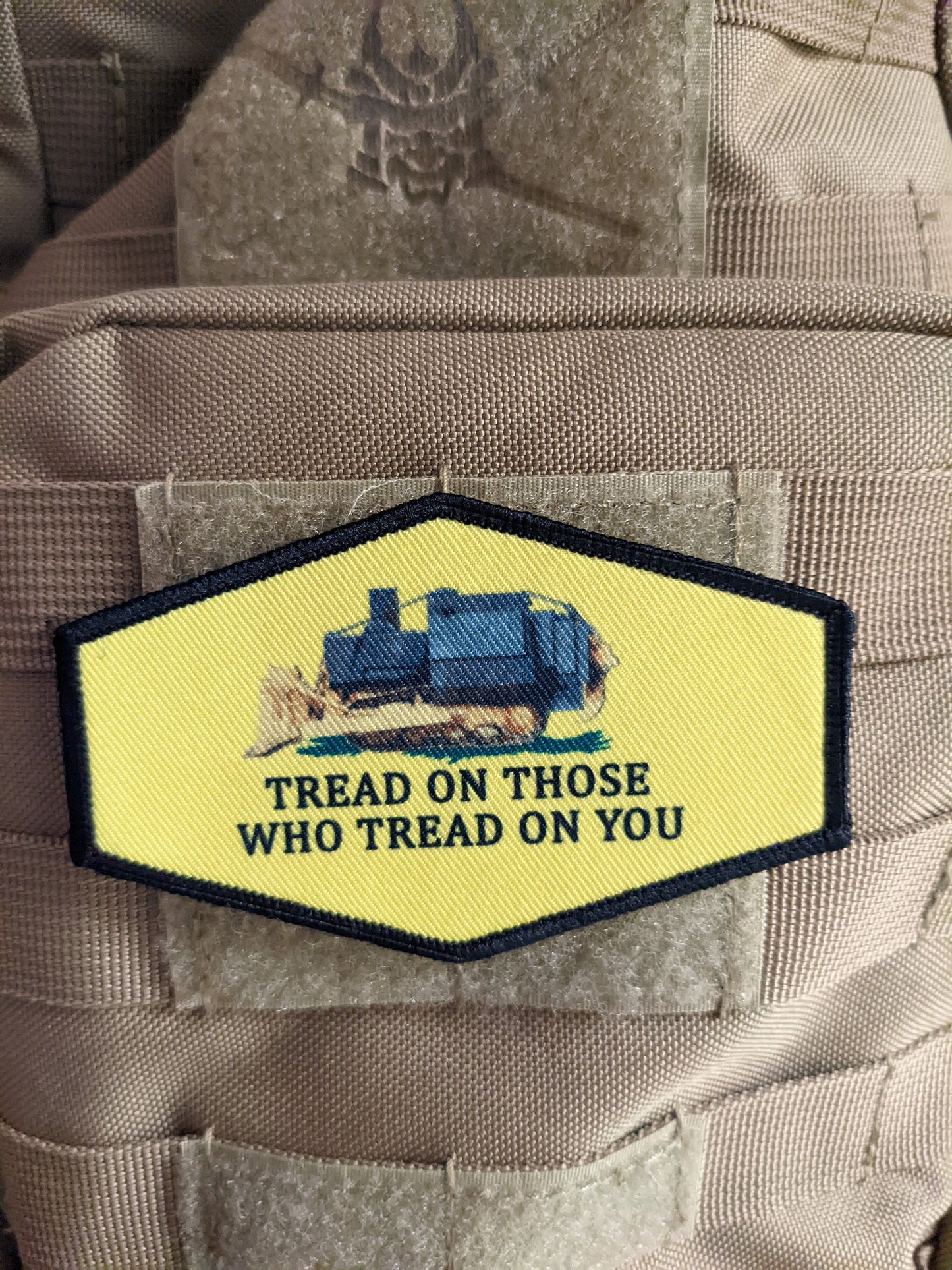 Killdozer tread on those who tread on you 4"x2.5" octagon morale patch with hook and loop backing