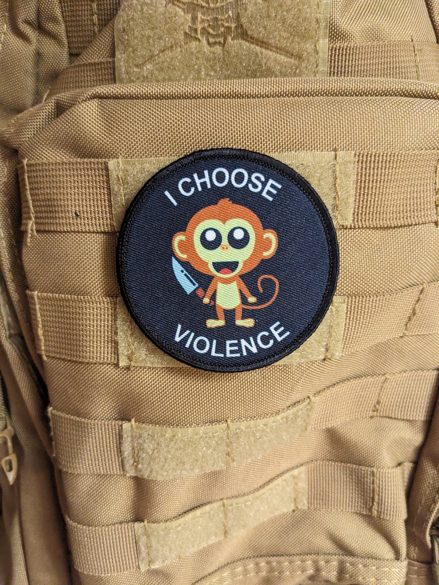 Cute monkey I choose violence meme 3" circle removable morale patch with hook and loop backing