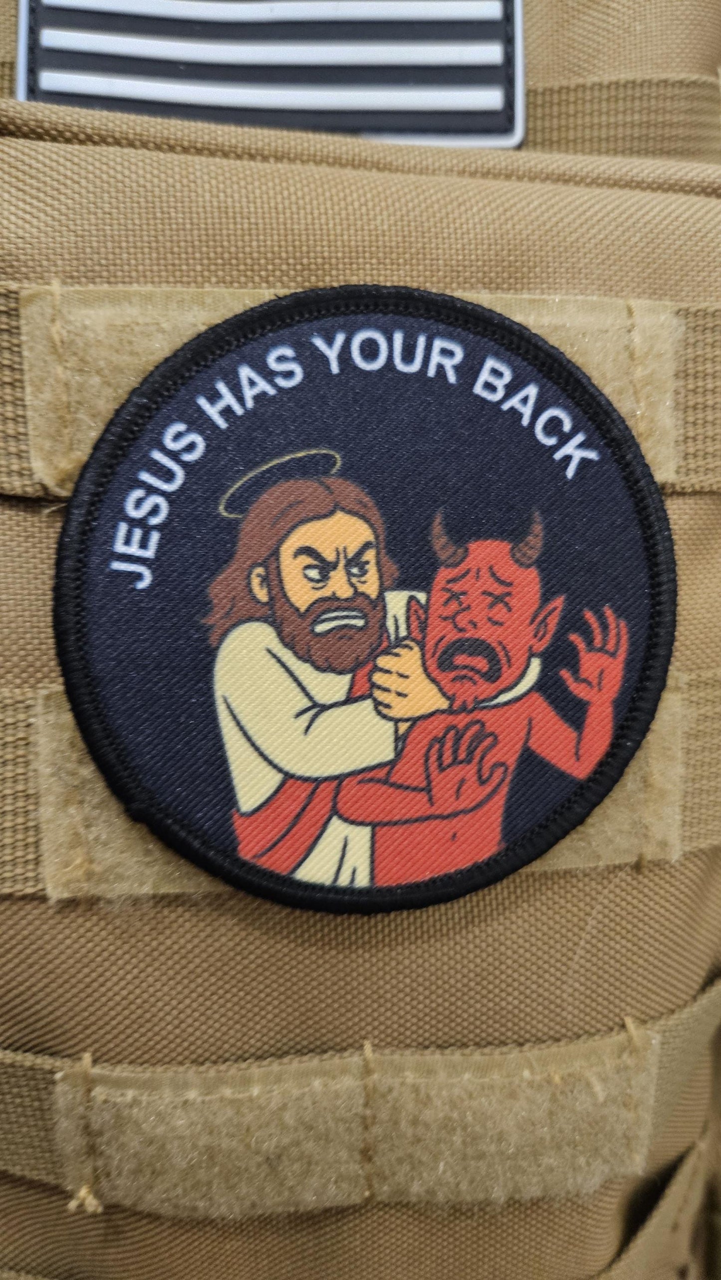 Jesus has your back funny 3" circle removable morale patch with hook and loop backing