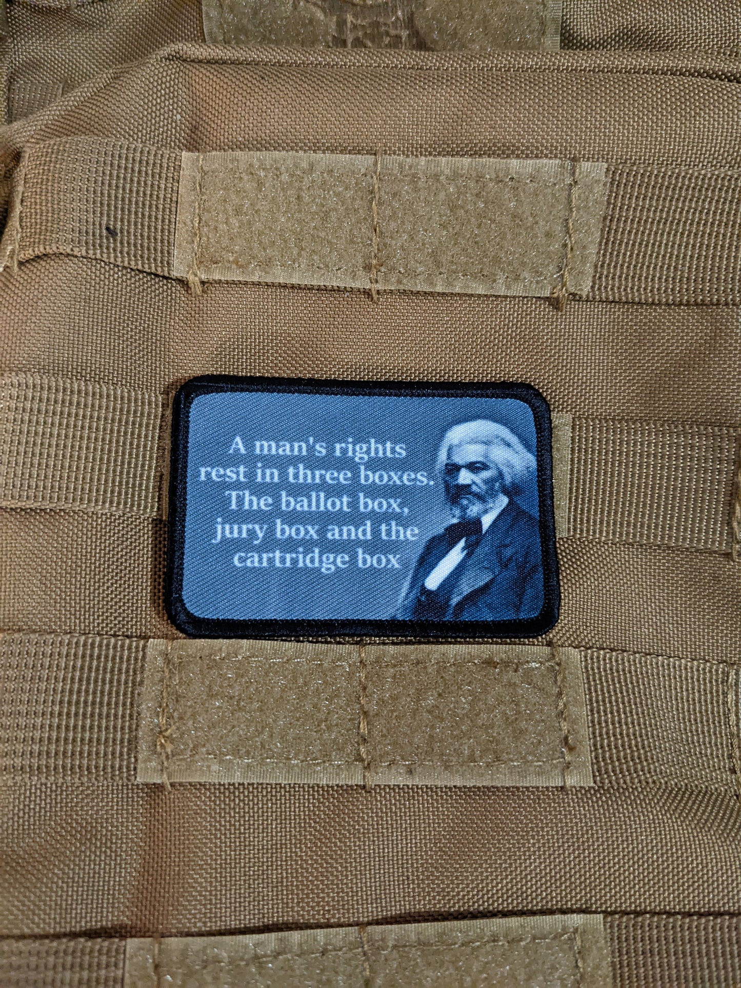 Frederick Douglas ballot box, jury box, cartridge box 2nd amendment quote on freedom 2"x3" morale patch with hook and loop backing