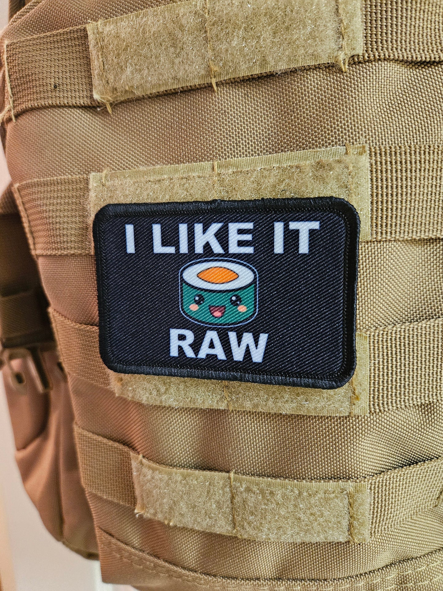 I like it raw sushi enthusiast meme cute making roll 2"x3" morale patch with hook and loop backing