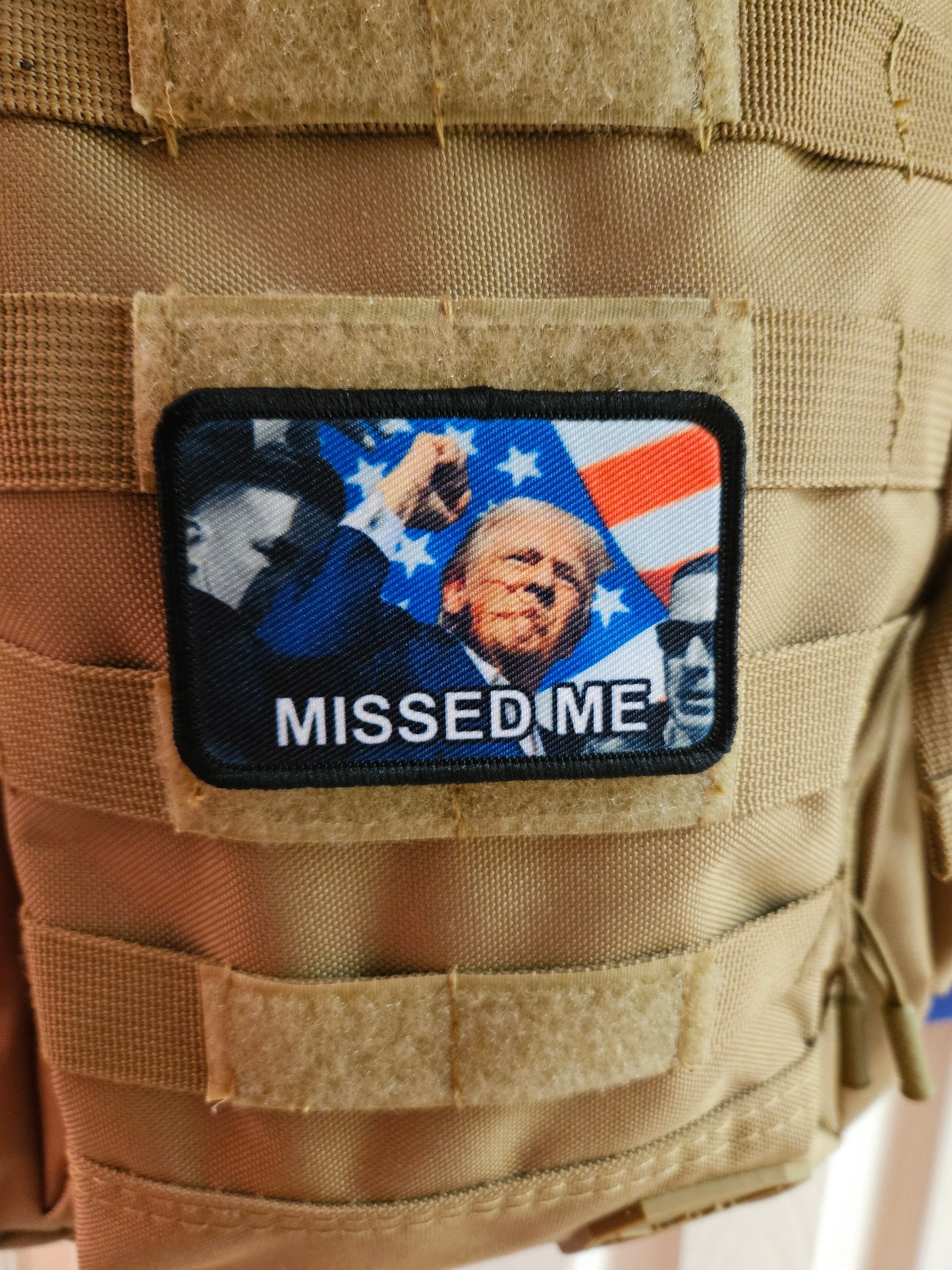 trump survived Flag background fist in the air missed me  2"x3" morale patch with hook and loop backing military joke meme