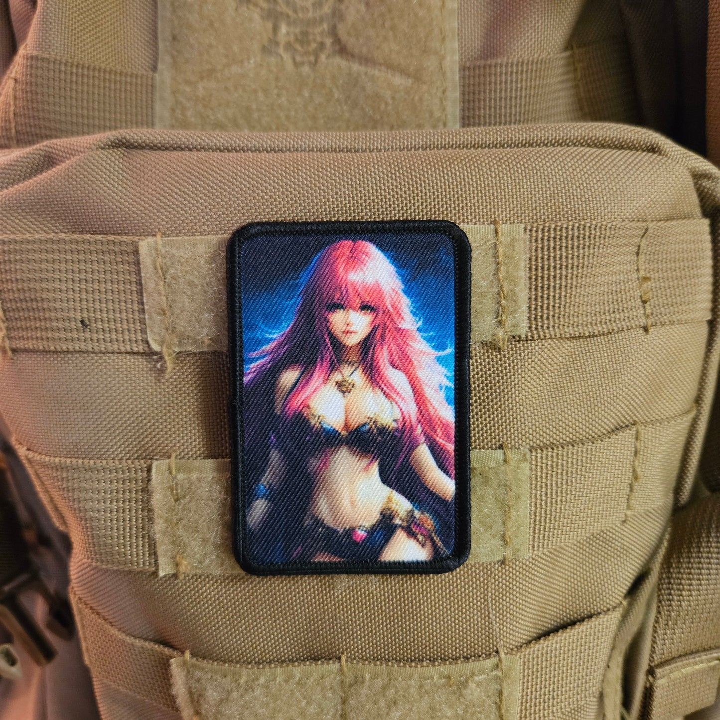 Pink hair waifu Sexy Anime girl cleavage bikini 2"x3"  removable morale patch with hook and loop backing