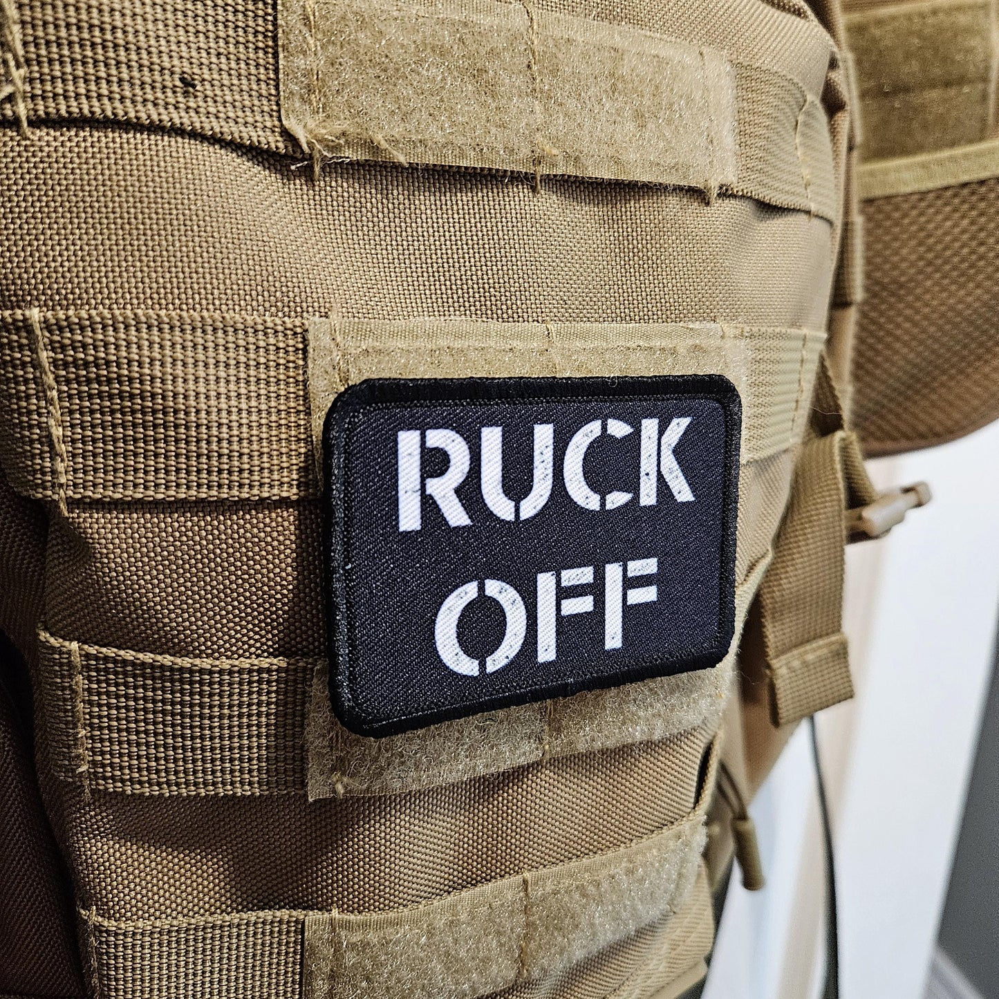 Ruck off rucksack joke removable patch 2"x3" morale patch with hook and loop backing BW