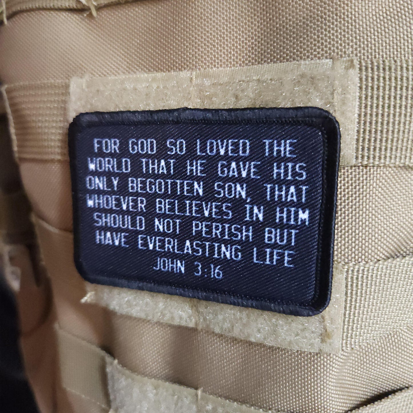 John 3:16 bible verse  2"x3" morale patch with hook and loop backing