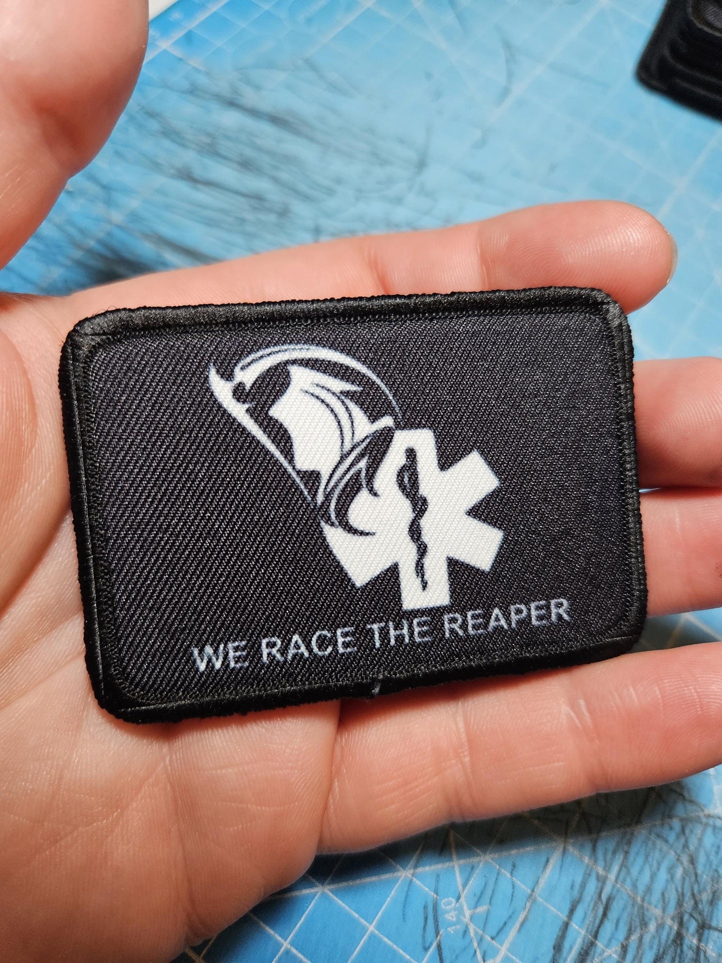 First responder Race the Reaper 2"x3" morale patch with hook and loop backing