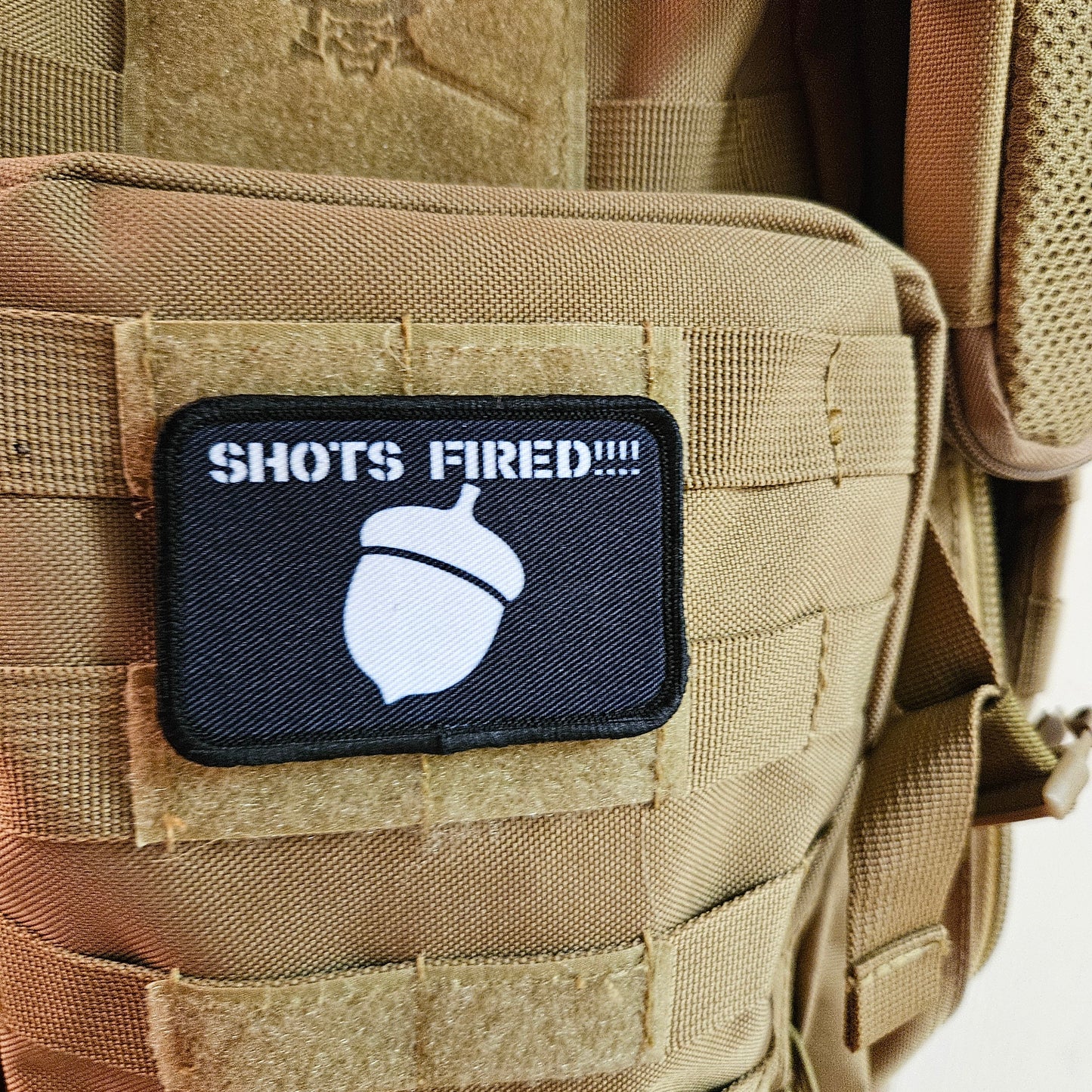 shots fired acorn meme 2"x3"  removable morale patch with hook and loop backing