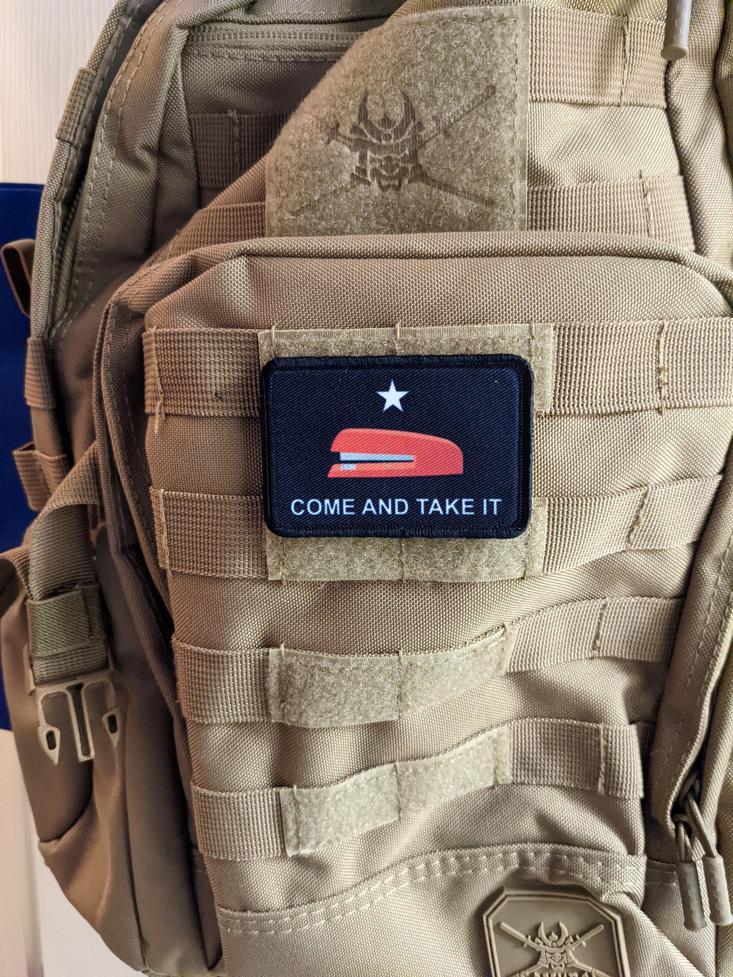 Red stapler meme Texas flag come take it meme  2"x3" removable morale patch with hook and loop backing