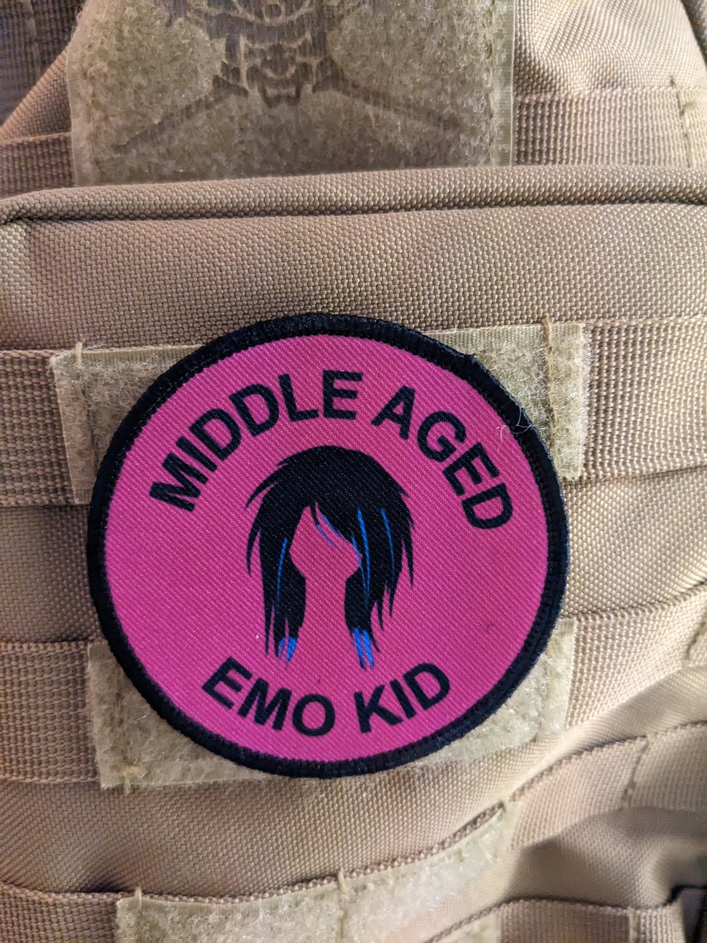 Middle aged emo kid girl version meme 3" circle morale patch with hook and loop backing