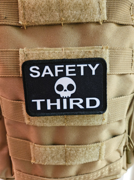 Safety third meme 2"x3" removable morale patch with hook and loop backing blue collar
