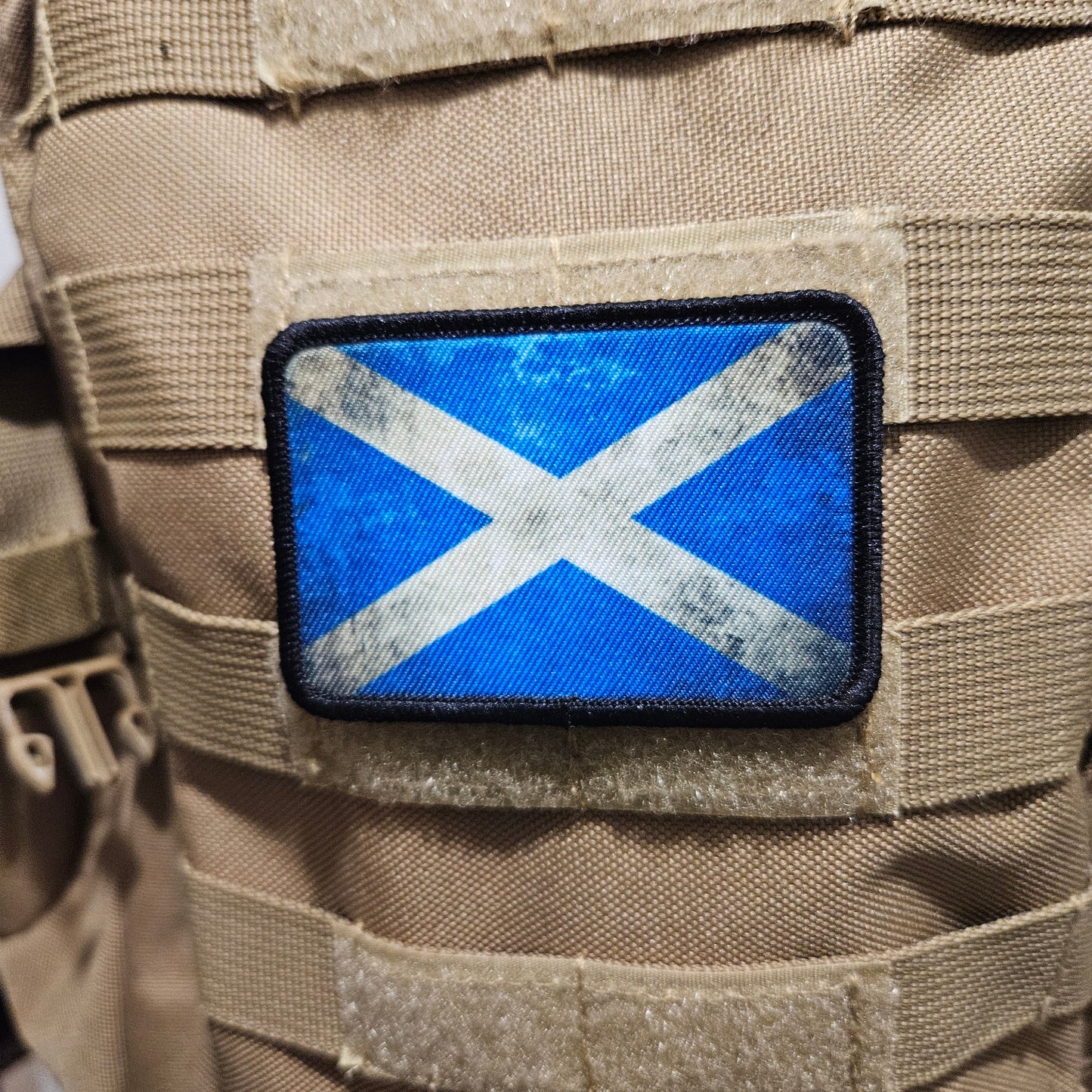 distressed Scottish flag 2"x3" morale patch with hook and loop backing