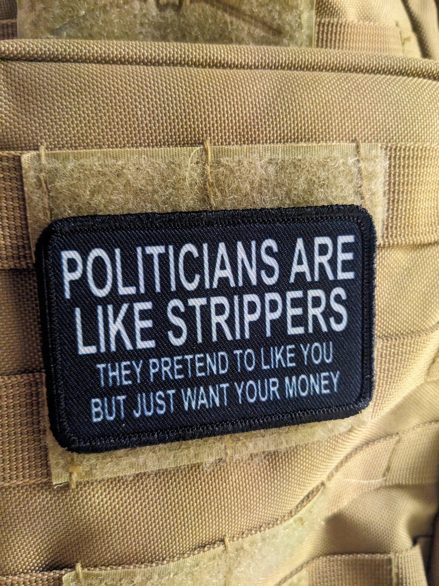 Politicians are like strippers meme 2"x3" morale patch with hook and loop backing
