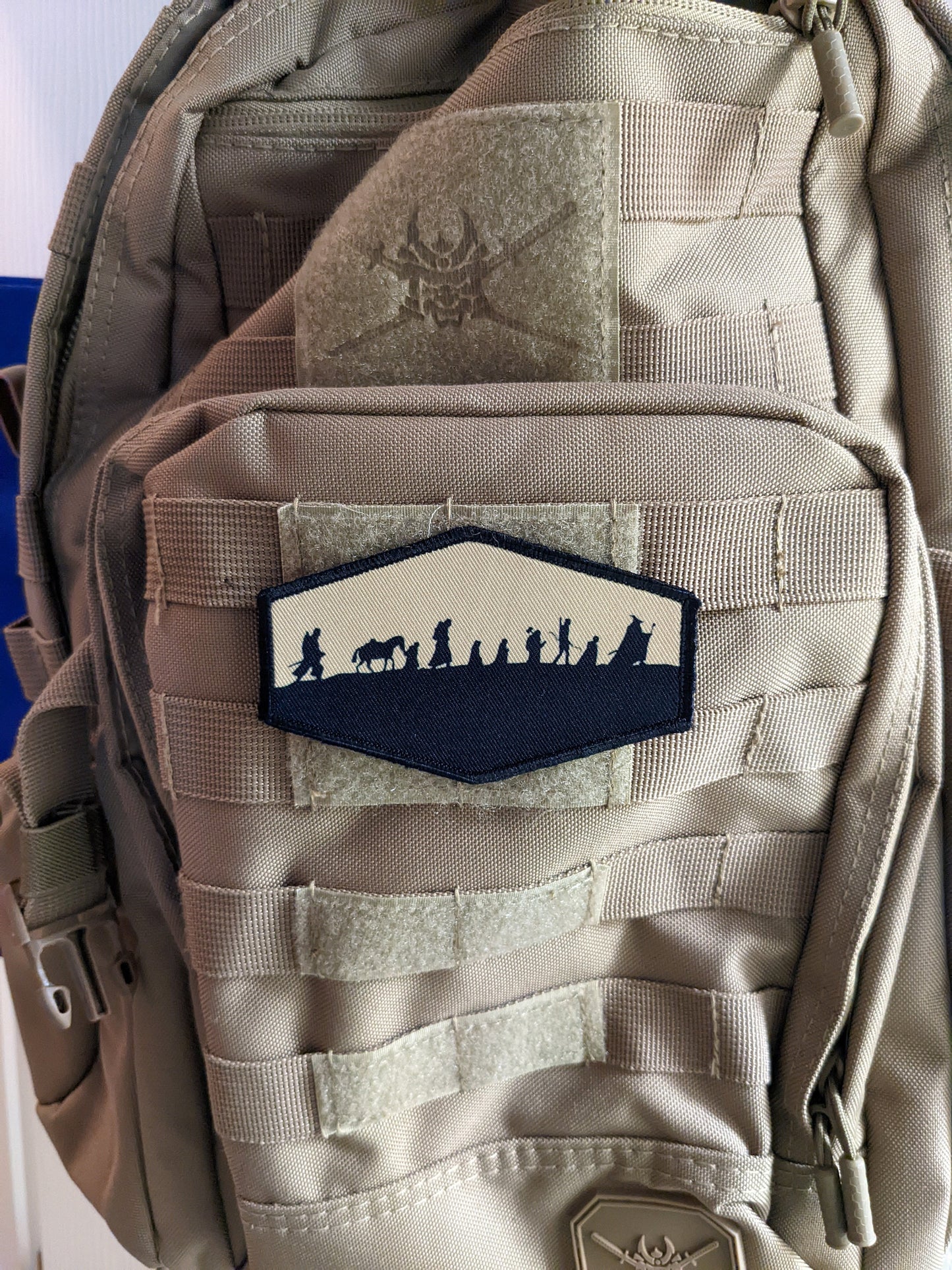 Lotr fellowship silhouette fantasy tan 4"x2.5" hexagon morale patch with hook and loop backing