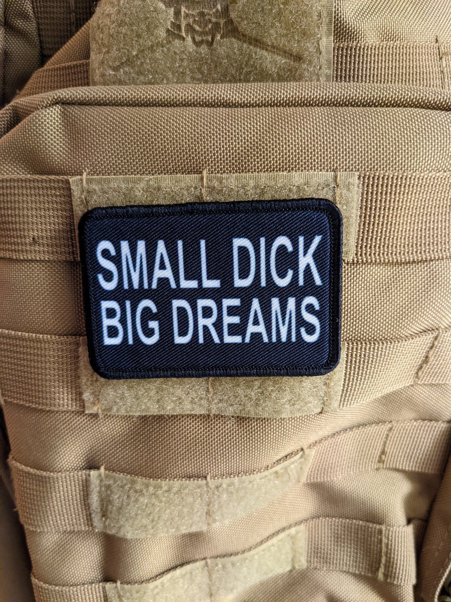Small dick big dreams meme funny 2"x3" morale patch with hook and loop backing military joke meme