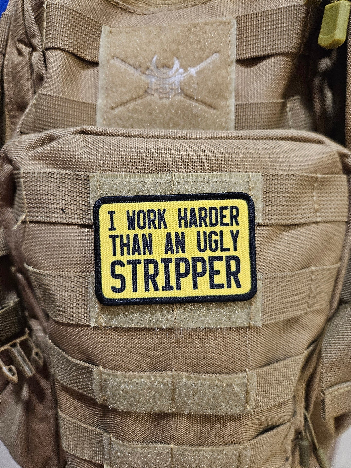 I work harder than an ugly stripper 2"x3"  removable morale patch with hook and loop backing