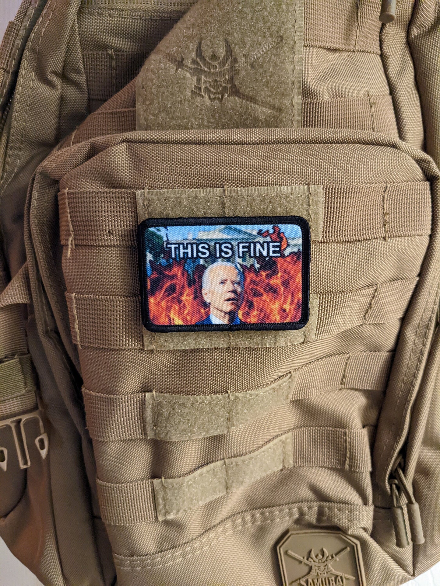Joe Biden this is fine biden sucks meme 2"x3"  removable morale patch with hook and loop backing