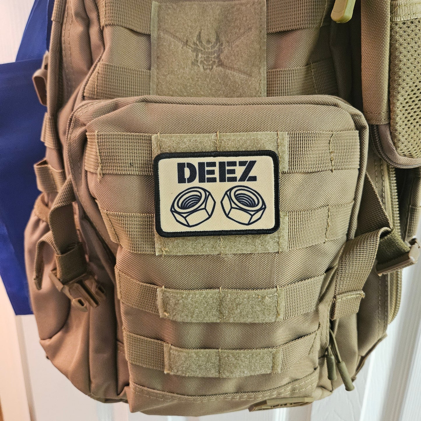 Deez nuts and bolts funny removable patch tan 2"x3" morale patch with hook and loop backing