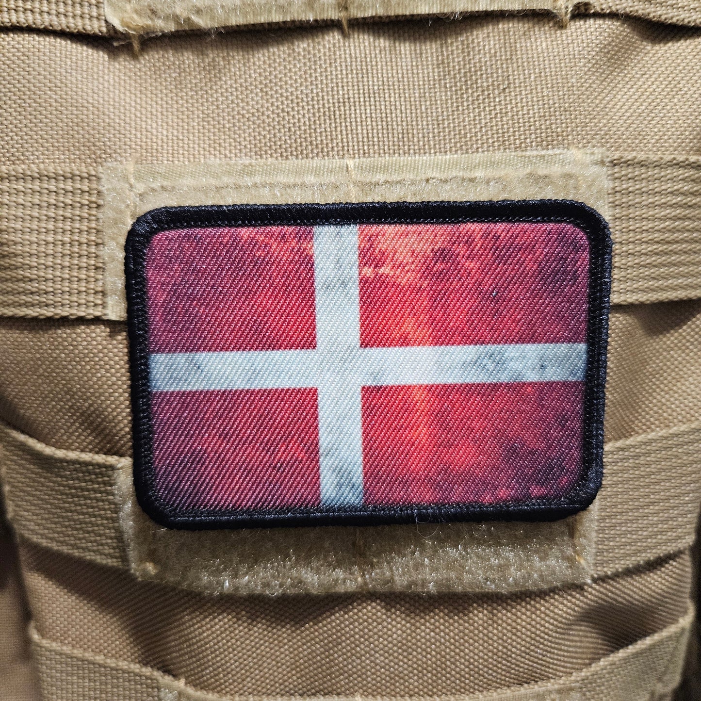 Distressed Denmark flag 2"x3" morale patch with hook and loop backing