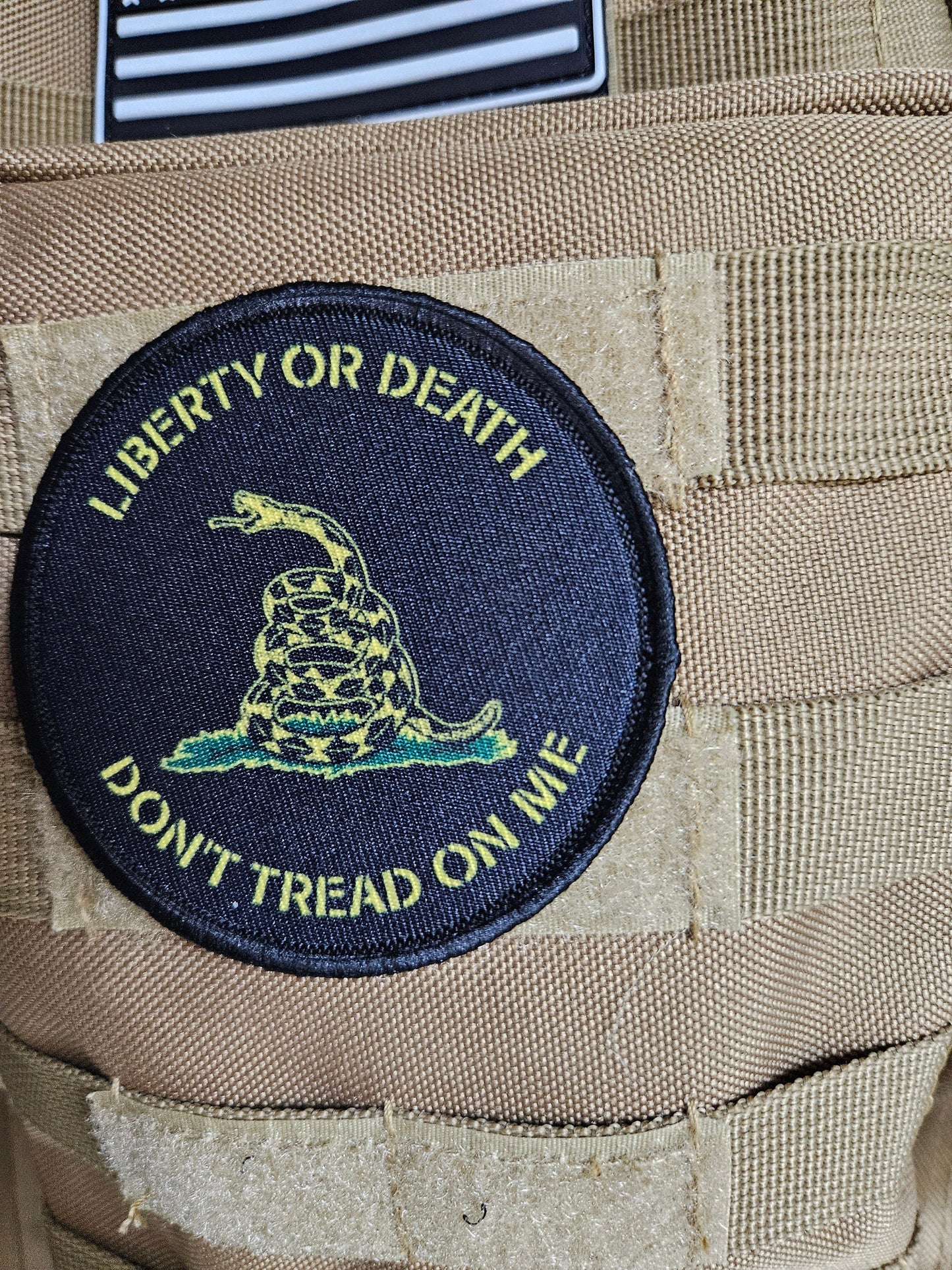 Don't tread on me Gadsden flag black 3" circle removable morale patch with hook and loop backing