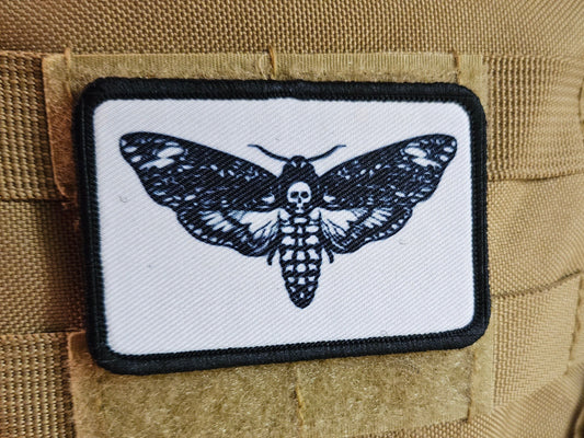 Desths head moth white background funny  2"x3" morale patch with hook and loop backing