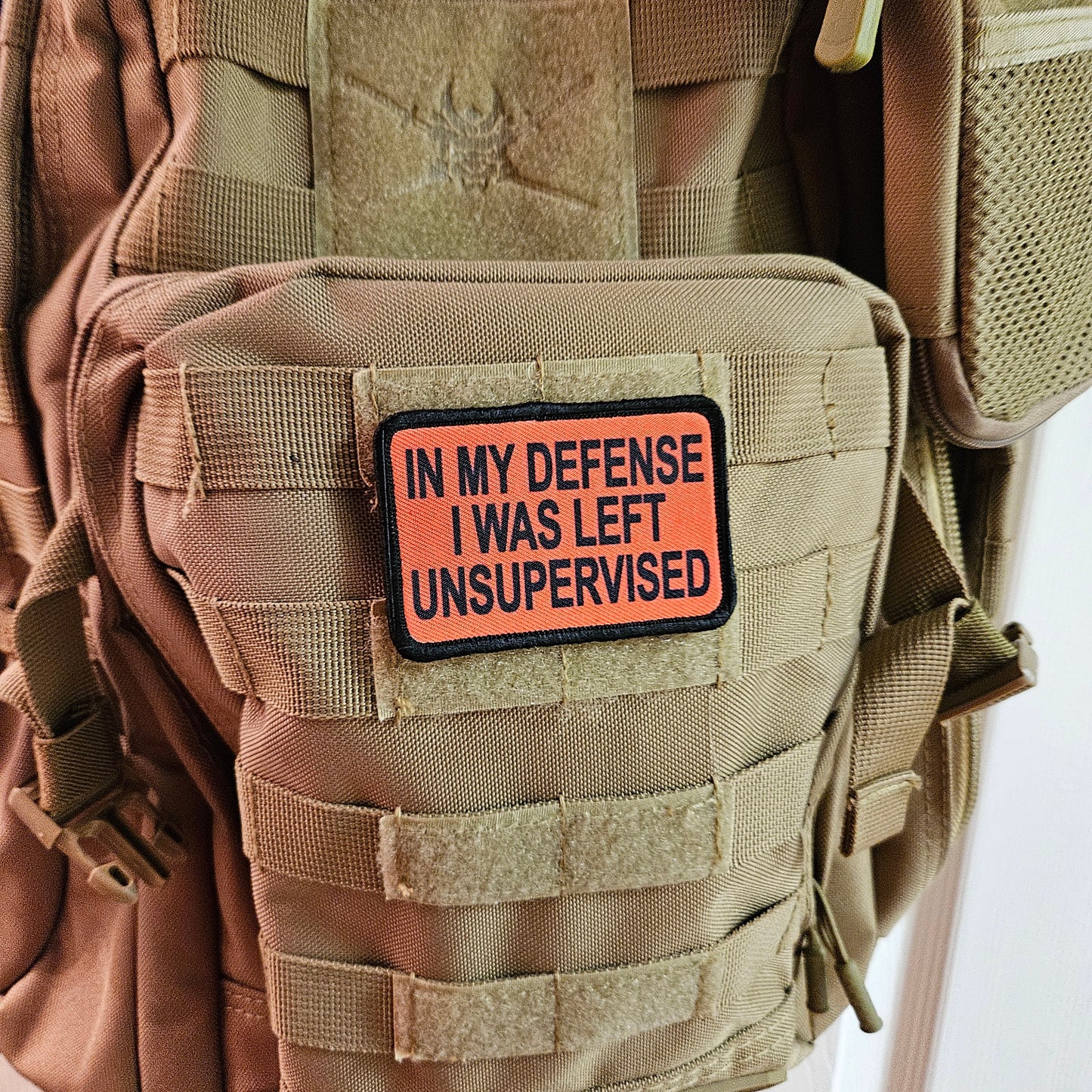 Red In My Defense I was left Unsupervised  removable patch 2"x3" morale patch with hook and loop backing
