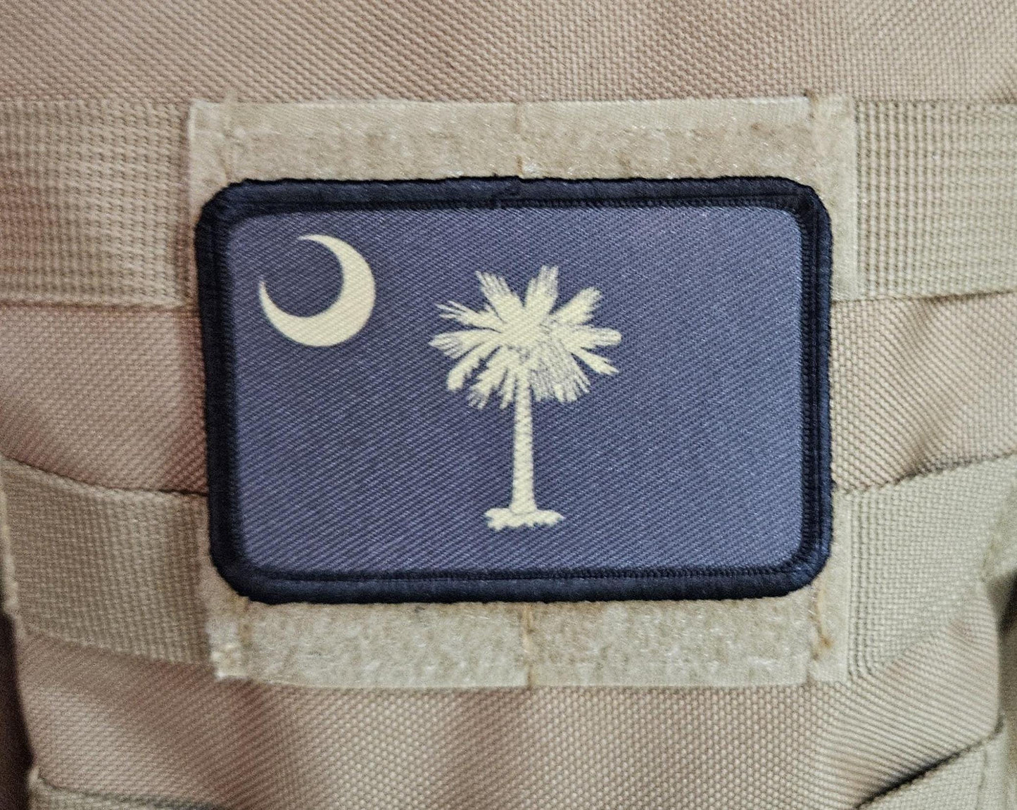 Subdued tan and brown South Carolina state flag removable patch 2"x3" morale patch with hook and loop backing