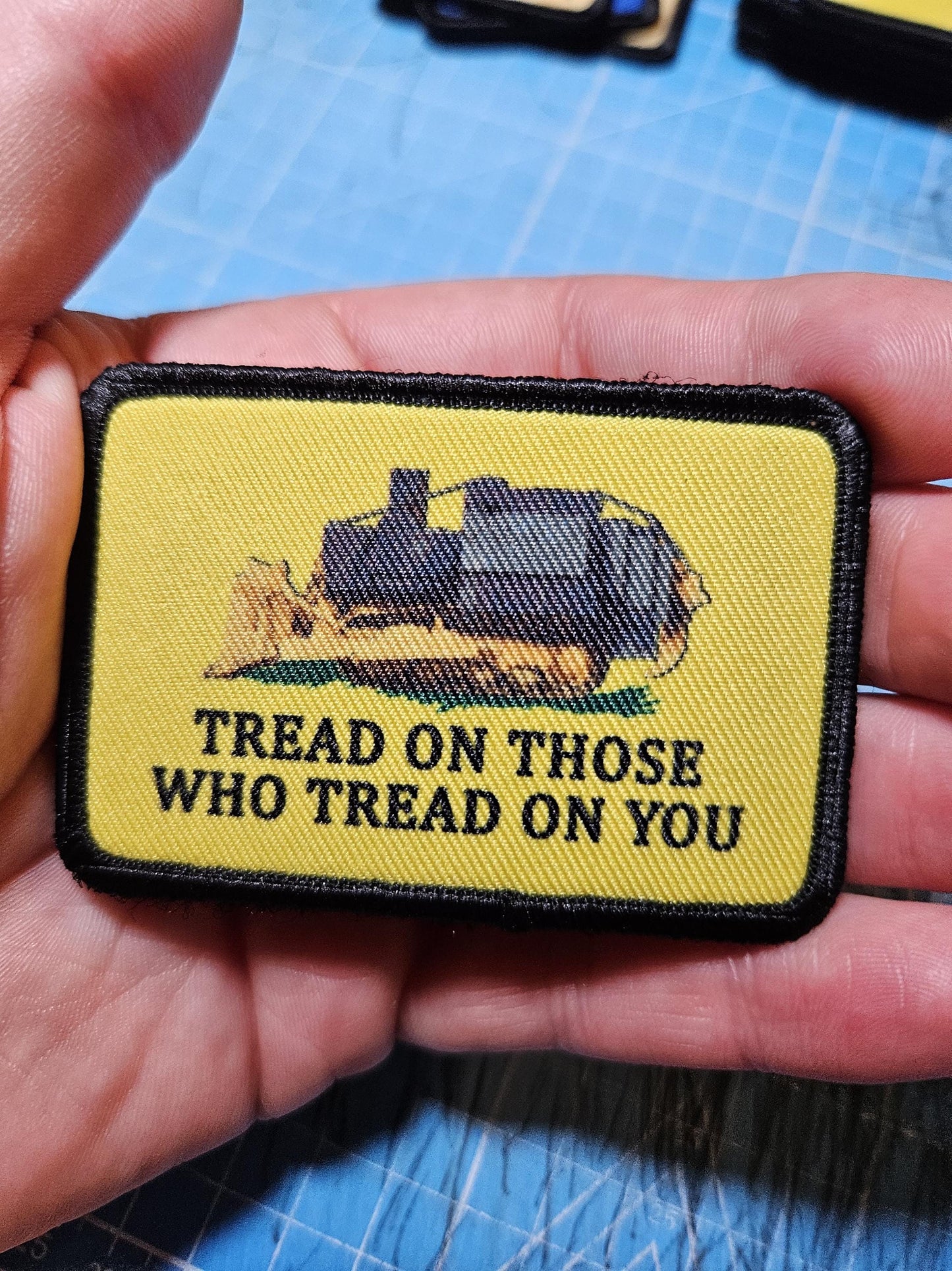 Killdozer tread on those who tread on you Gadsden flag meme  2"x3" removable morale patch with hook and loop backing